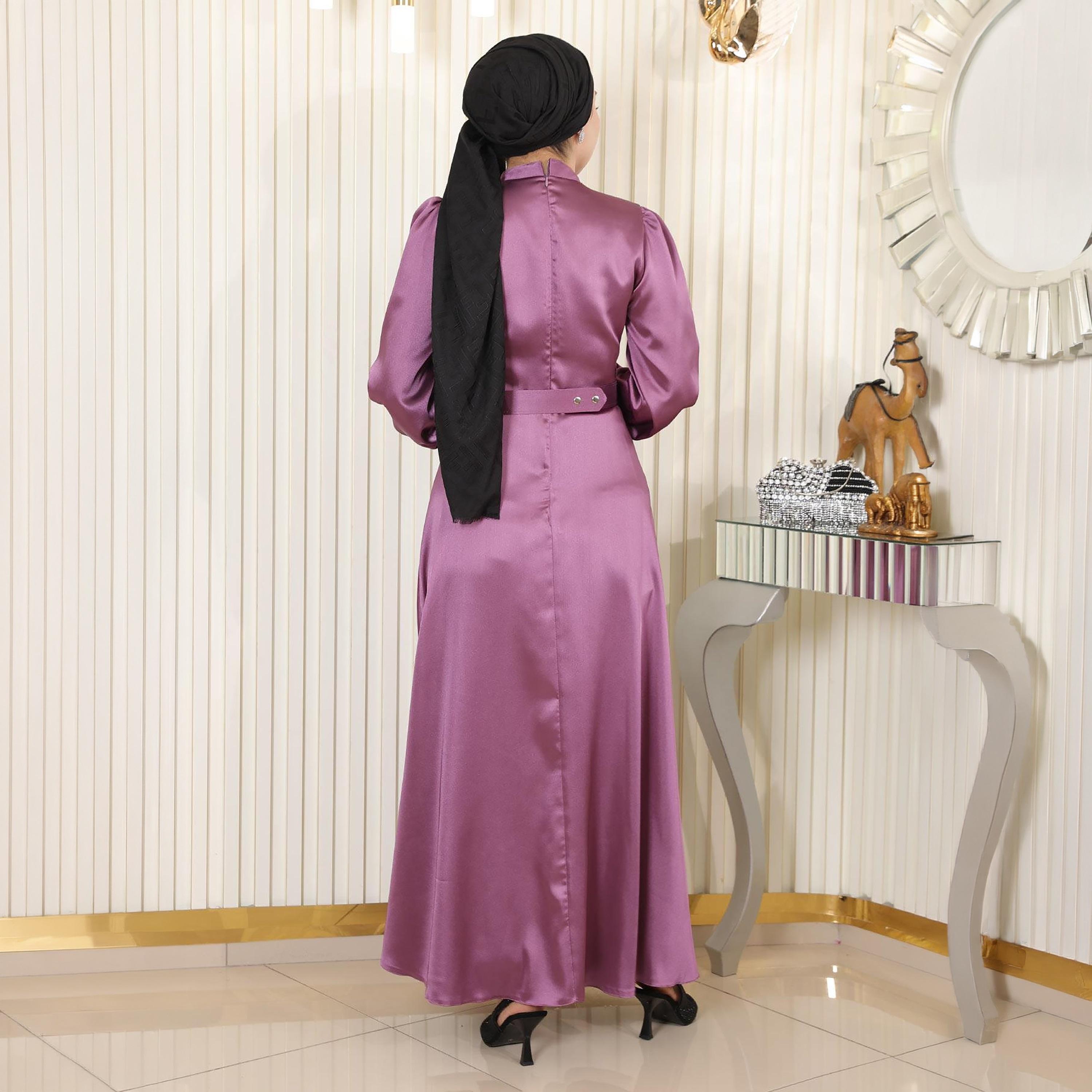 Turkish Souq Pleat Detailed Cuffed Sleeves Evening Women's Maxi Modest Dress in Satin-women-clothing-dresses-image-3