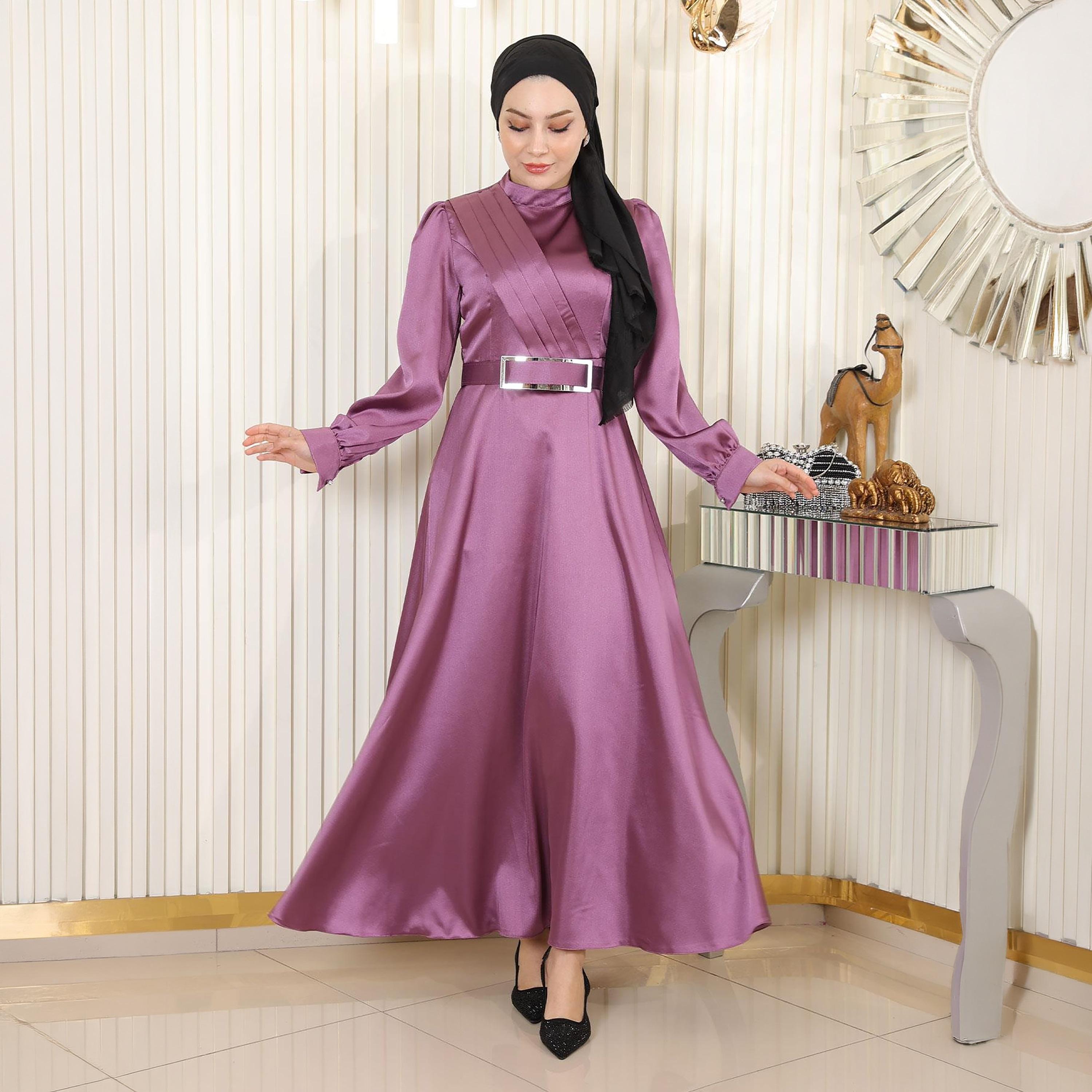 Turkish Souq Pleat Detailed Cuffed Sleeves Evening Women's Maxi Modest Dress in Satin-women-clothing-dresses-image-4