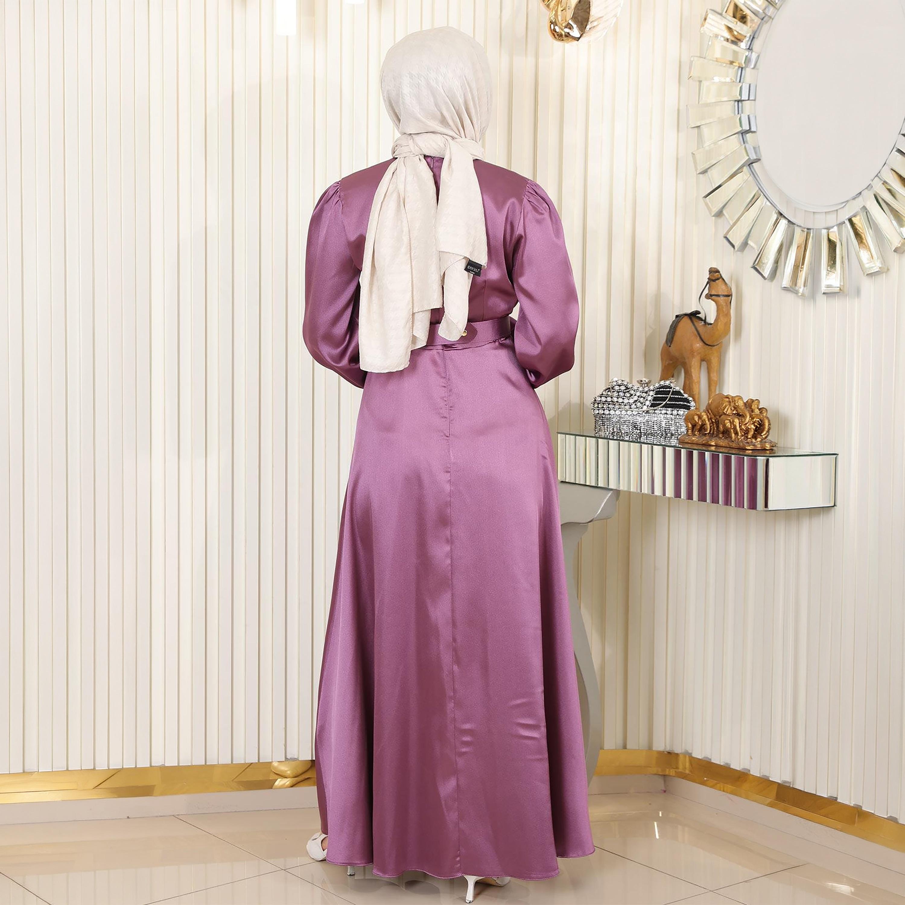 Turkish Souq Pink Elasticated Cuff Sleeves Evening Women's Maxi Modest Dress in Satin-women-clothing-dresses-image-3