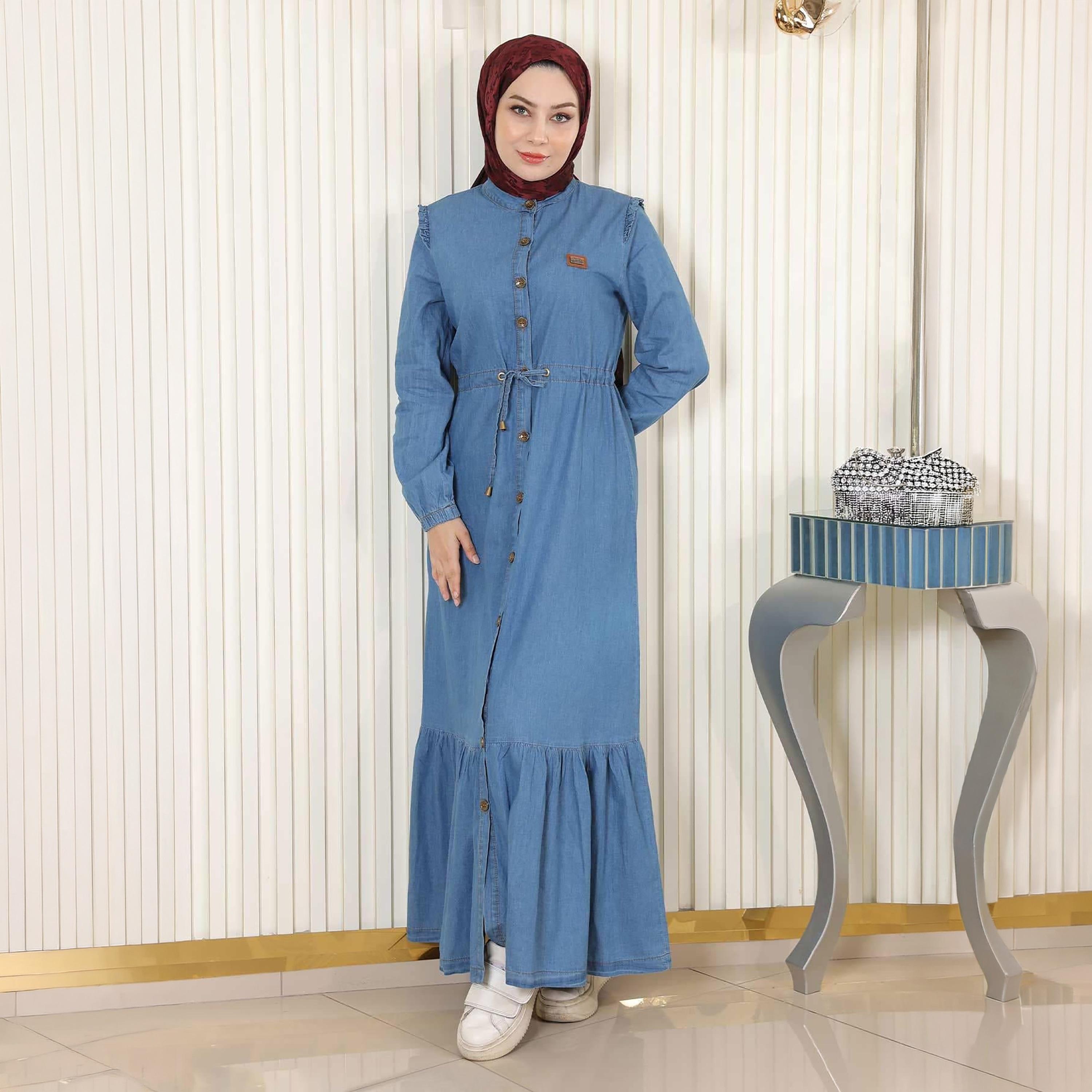 Turkish Souq Light Washed Blue Elasticated Cuff Sleeves Women's Maxi Modest Dress in Denim-women-clothing-dresses-image-1