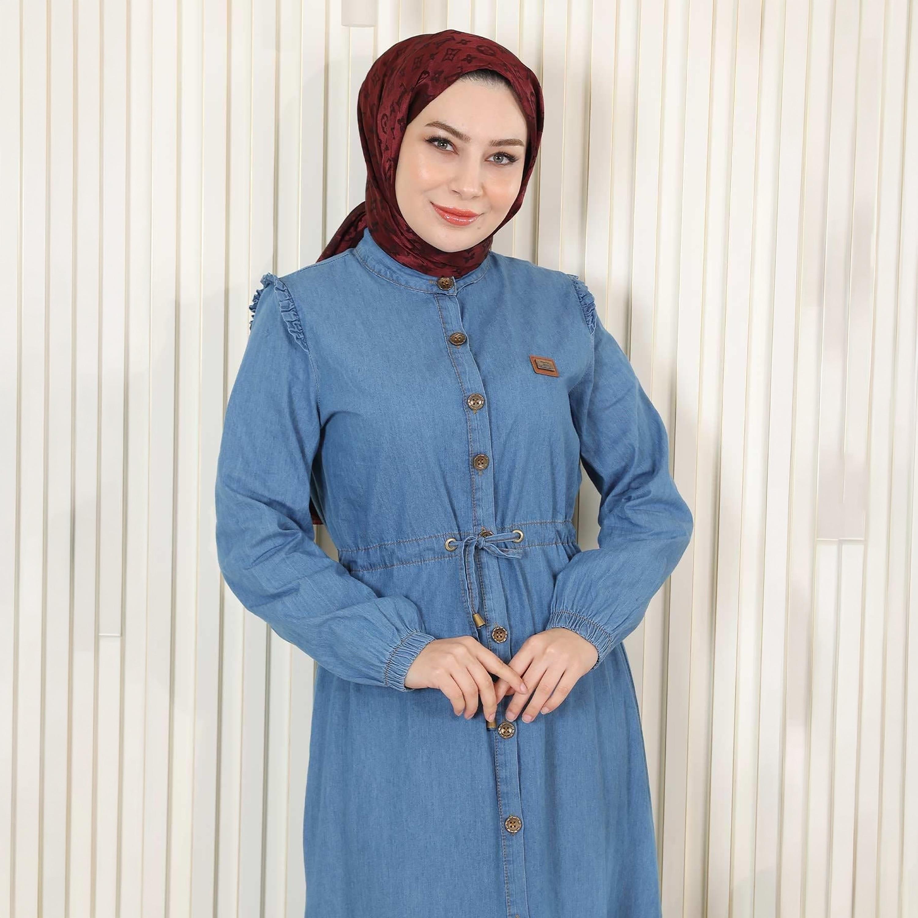 Turkish Souq Light Washed Blue Elasticated Cuff Sleeves Women's Maxi Modest Dress in Denim-women-clothing-dresses-image-2