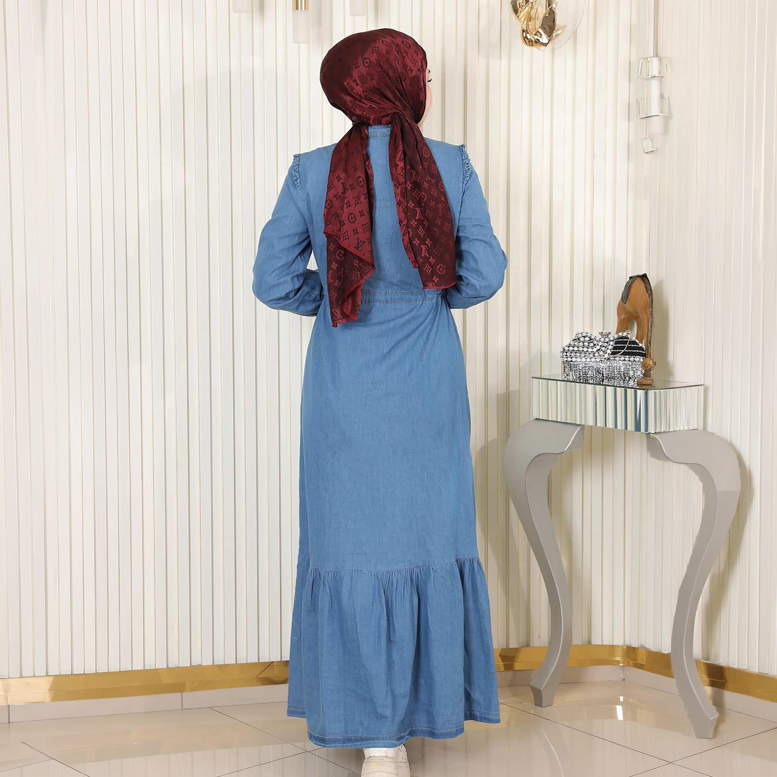 Turkish Souq Light Washed Blue Elasticated Cuff Sleeves Women's Maxi Modest Dress in Denim-women-clothing-dresses-image-3