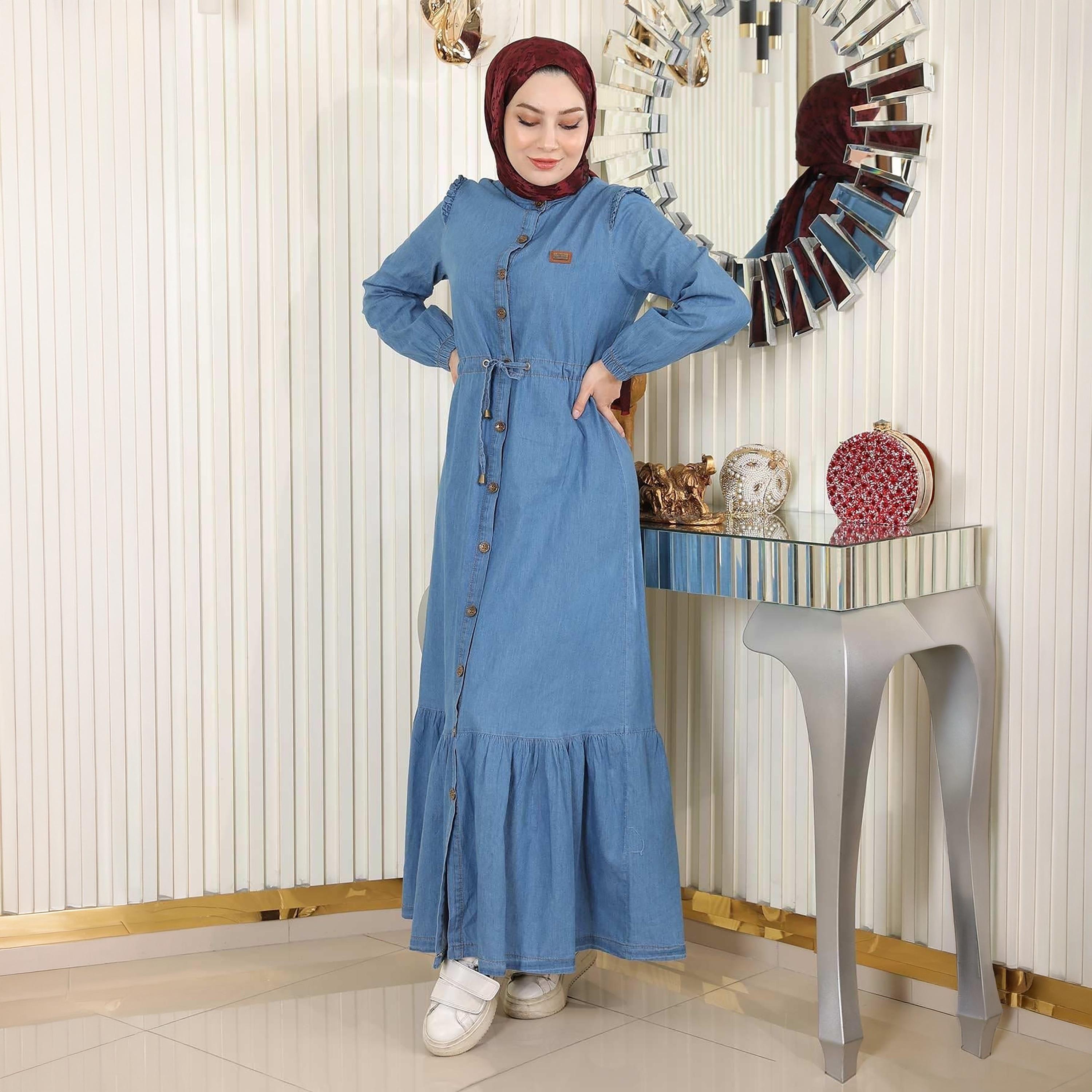 Turkish Souq Light Washed Blue Elasticated Cuff Sleeves Women's Maxi Modest Dress in Denim-women-clothing-dresses-image-4