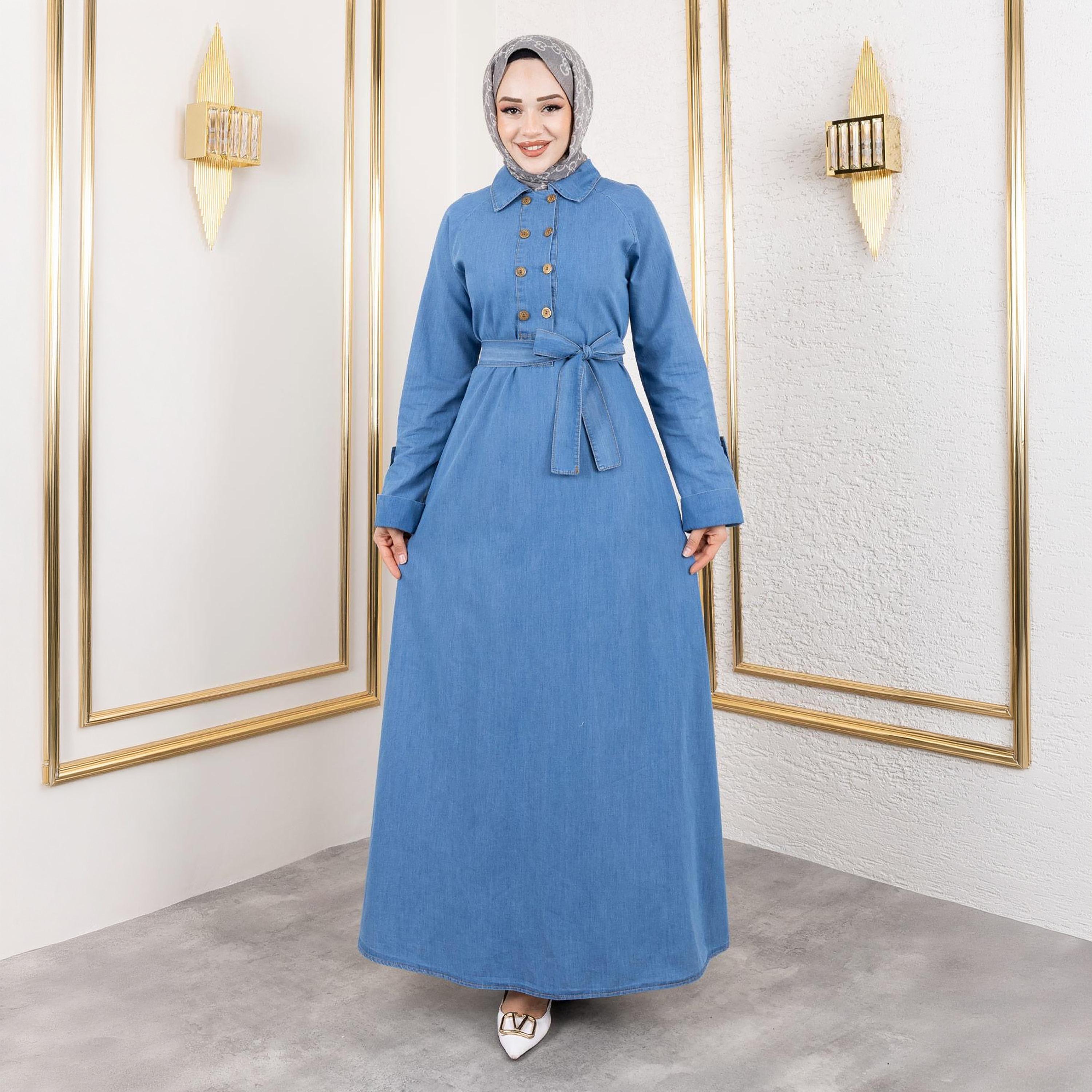 Turkish Souq Light Washed Blue Women's Maxi Modest Dress in Denim-women-clothing-dresses-image-1