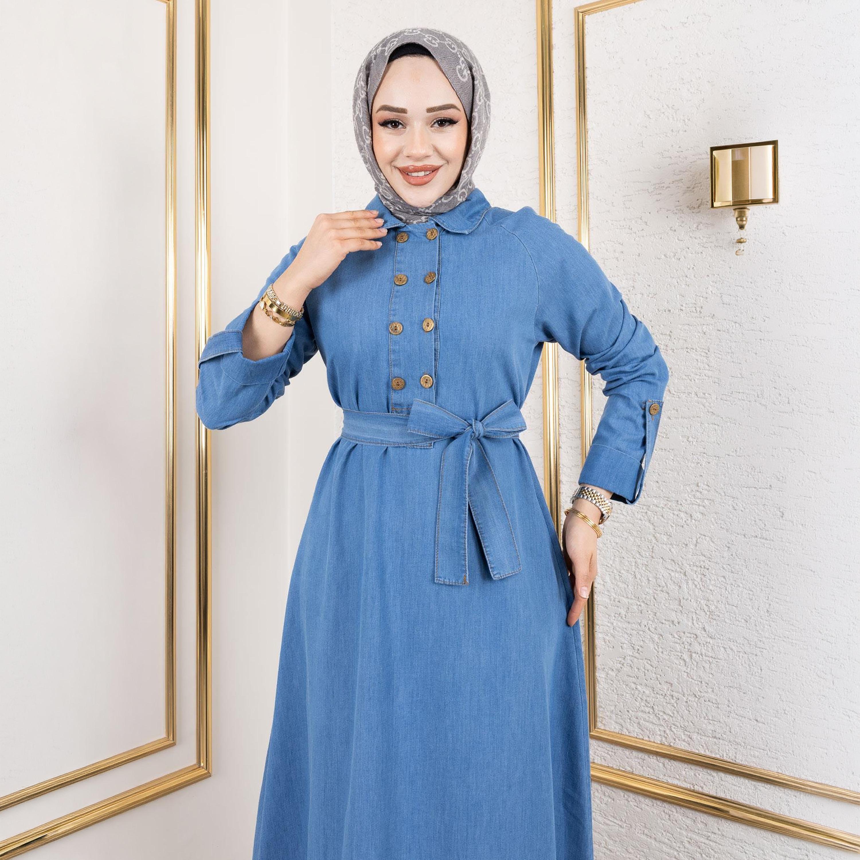 Turkish Souq Light Washed Blue Women's Maxi Modest Dress in Denim-women-clothing-dresses-image-2
