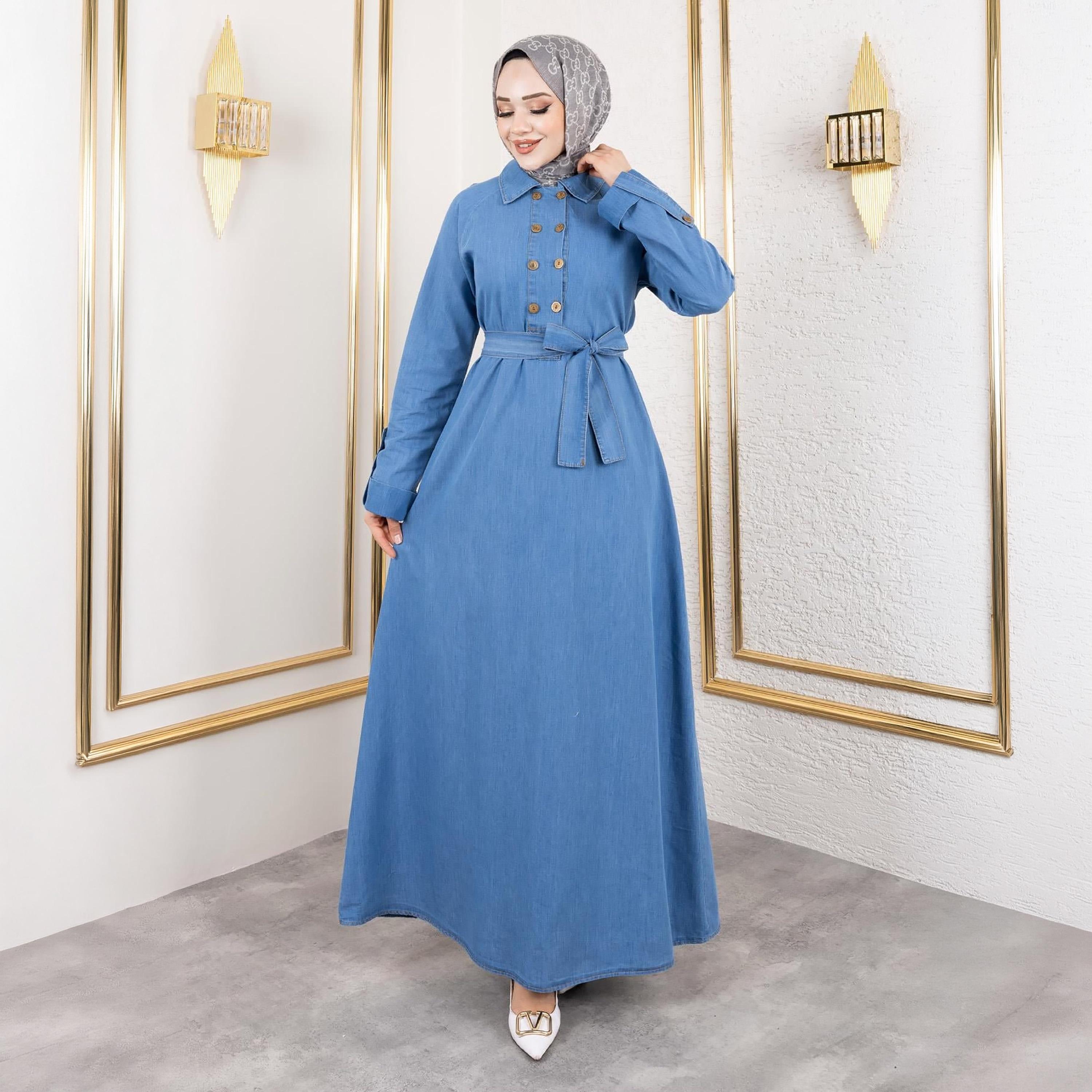 Turkish Souq Light Washed Blue Women's Maxi Modest Dress in Denim-women-clothing-dresses-image-3