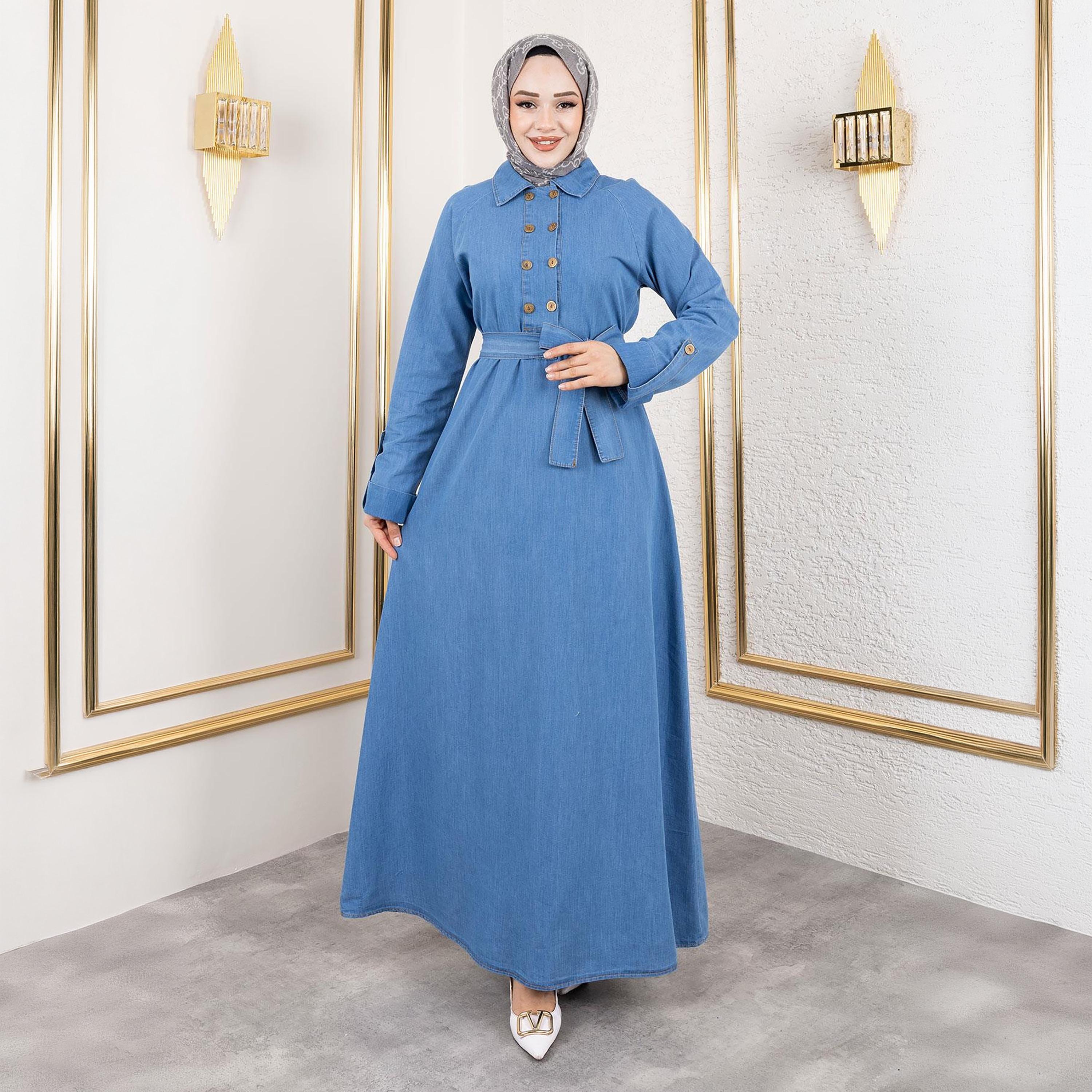 Turkish Souq Light Washed Blue Women's Maxi Modest Dress in Denim-women-clothing-dresses-image-4
