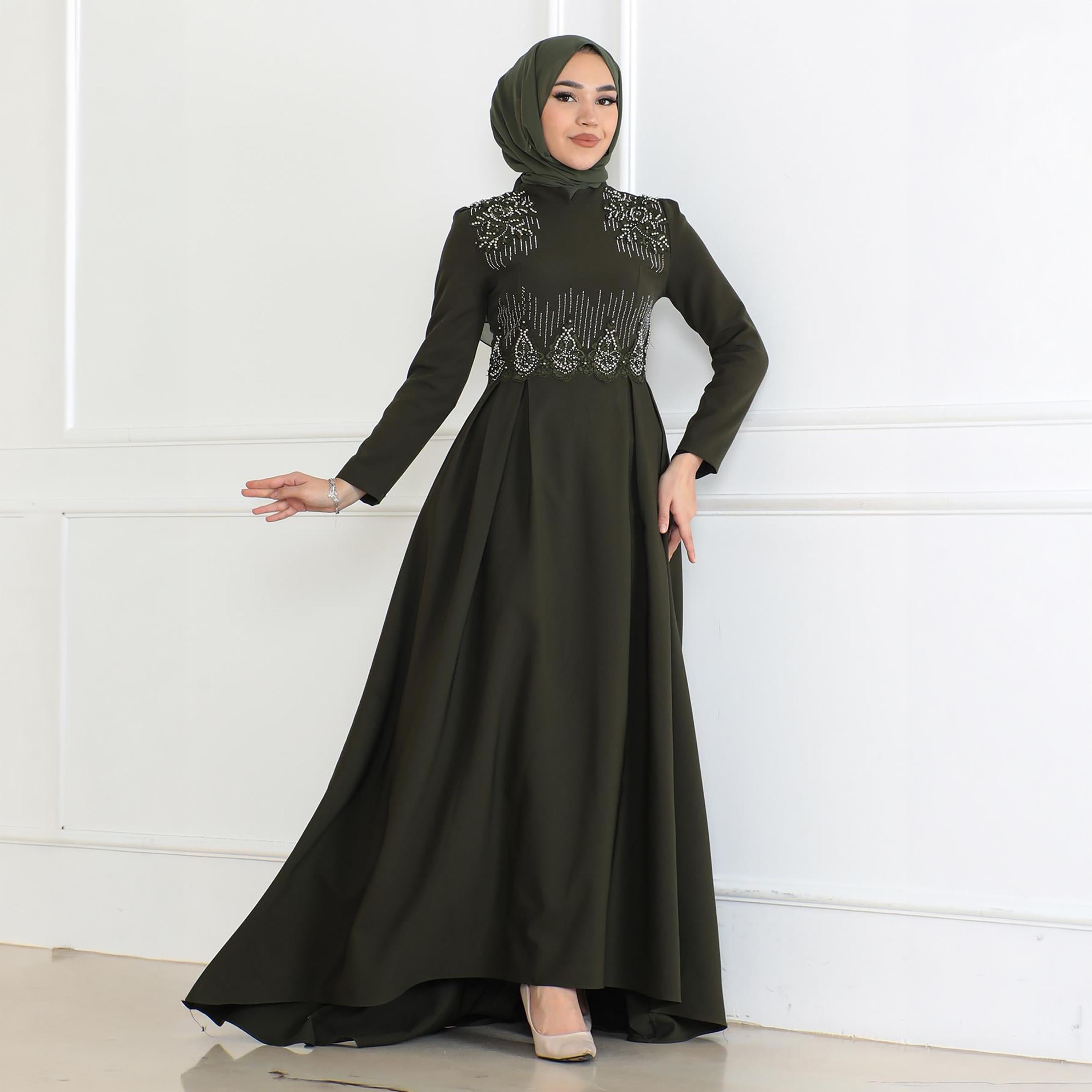 Turkish Souq Embroidered Green Evening Women's Maxi Modest Dress-women-clothing-dresses-image-1