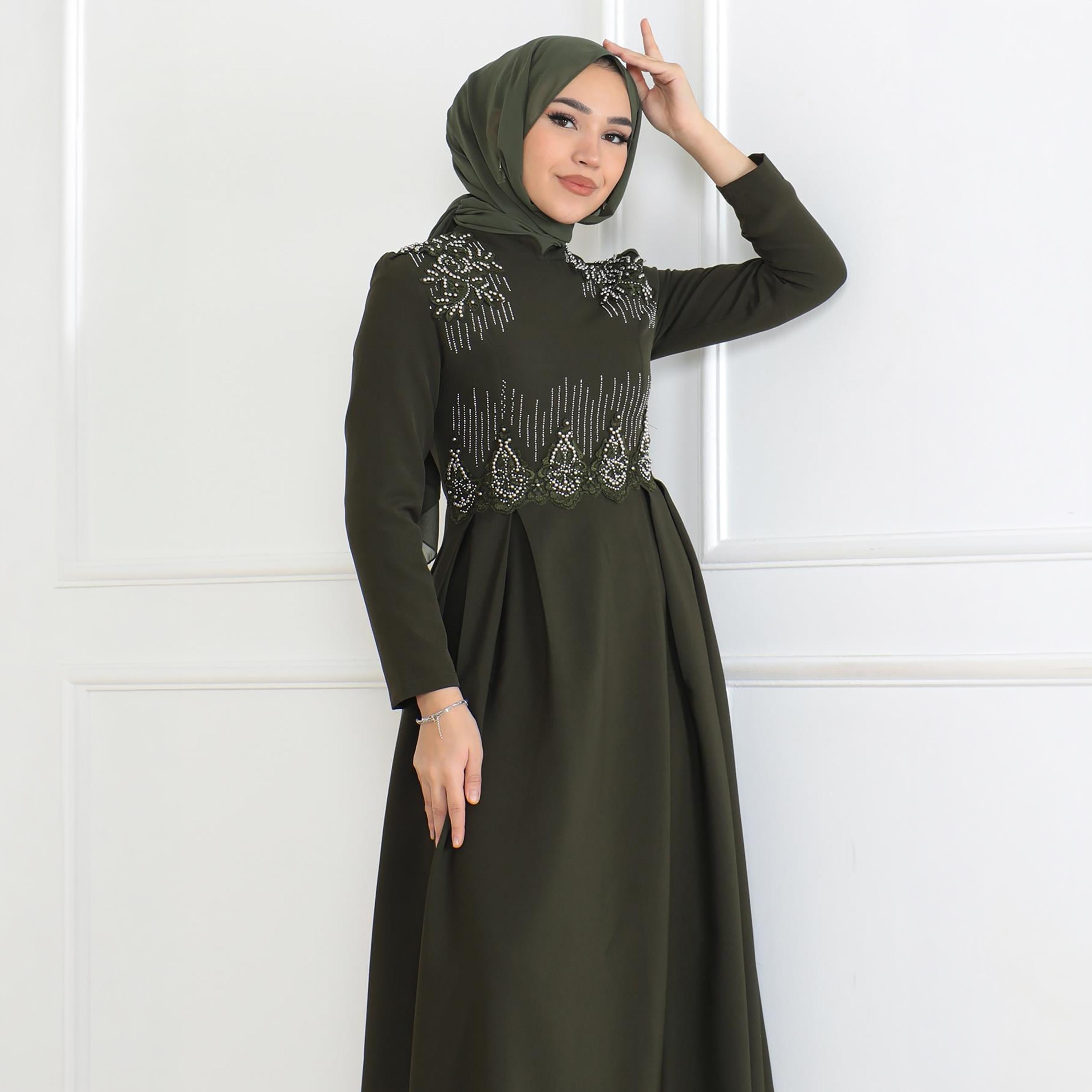 Turkish Souq Embroidered Green Evening Women's Maxi Modest Dress-women-clothing-dresses-image-2