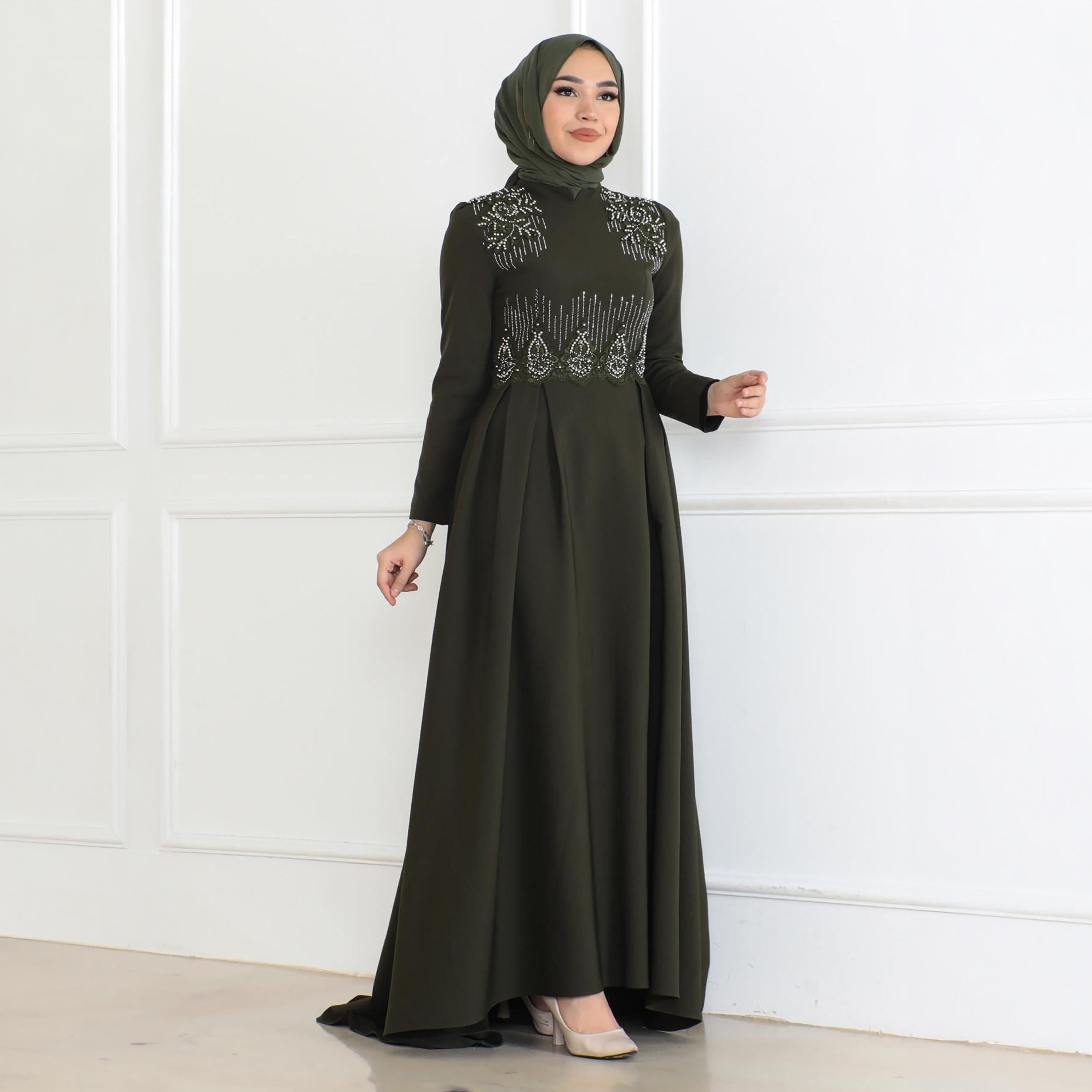 Turkish Souq Embroidered Green Evening Women's Maxi Modest Dress-women-clothing-dresses-image-4