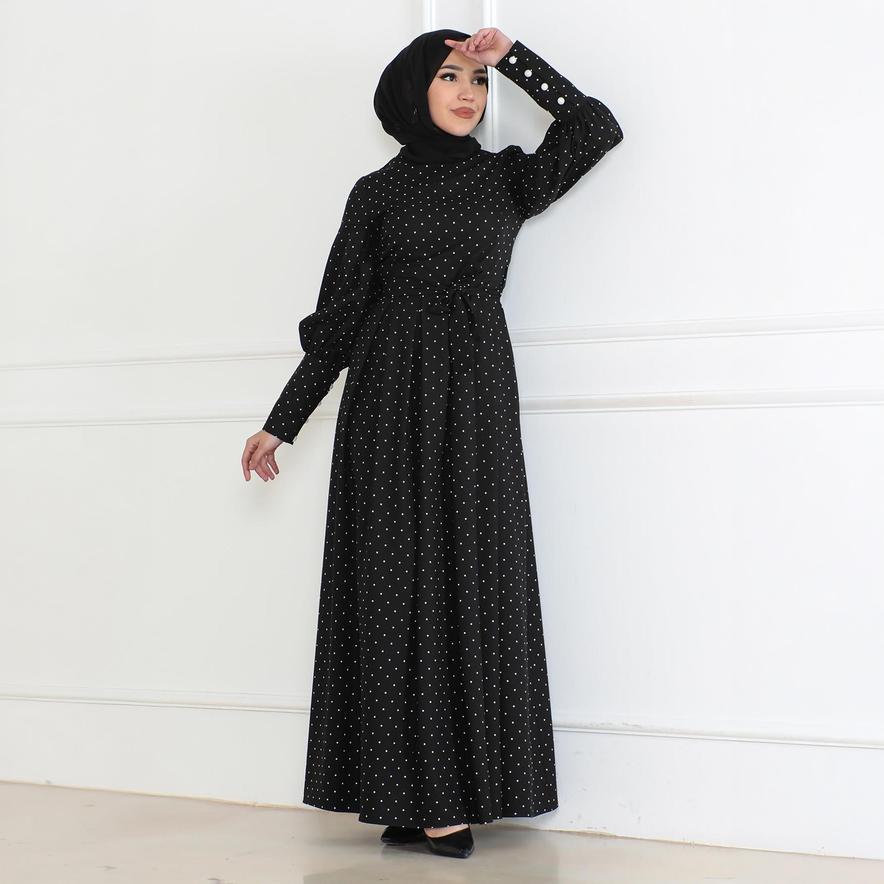 Turkish Souq Polka Dot Black Bishop Sleeves Women's Maxi Modest Dress-women-clothing-dresses-image-1