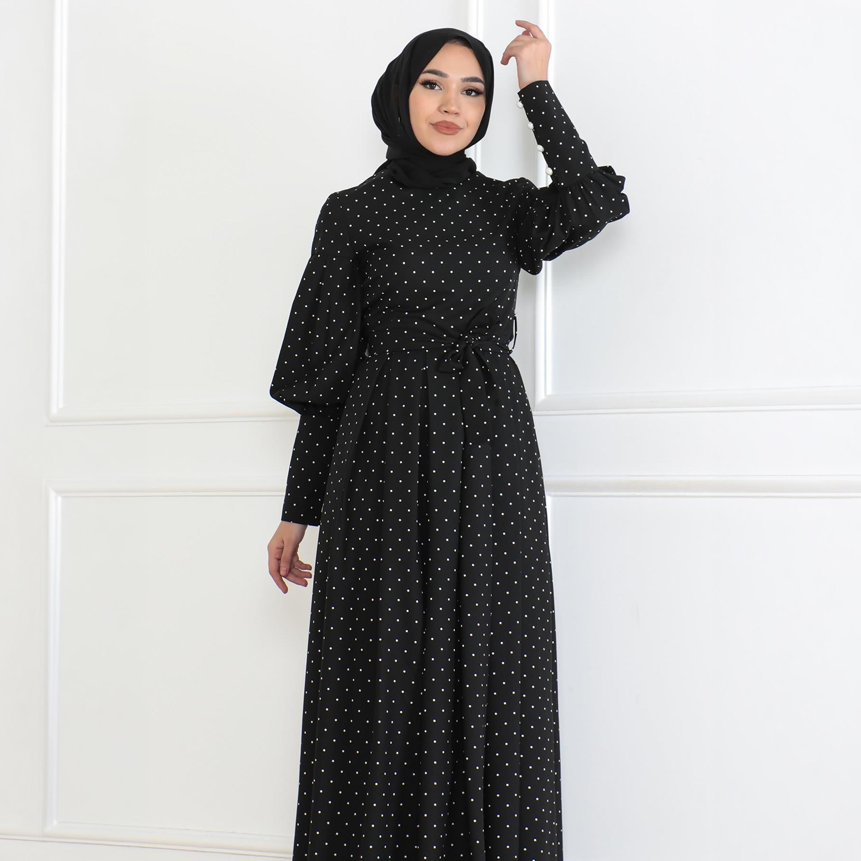 Turkish Souq Polka Dot Black Bishop Sleeves Women's Maxi Modest Dress-women-clothing-dresses-image-2