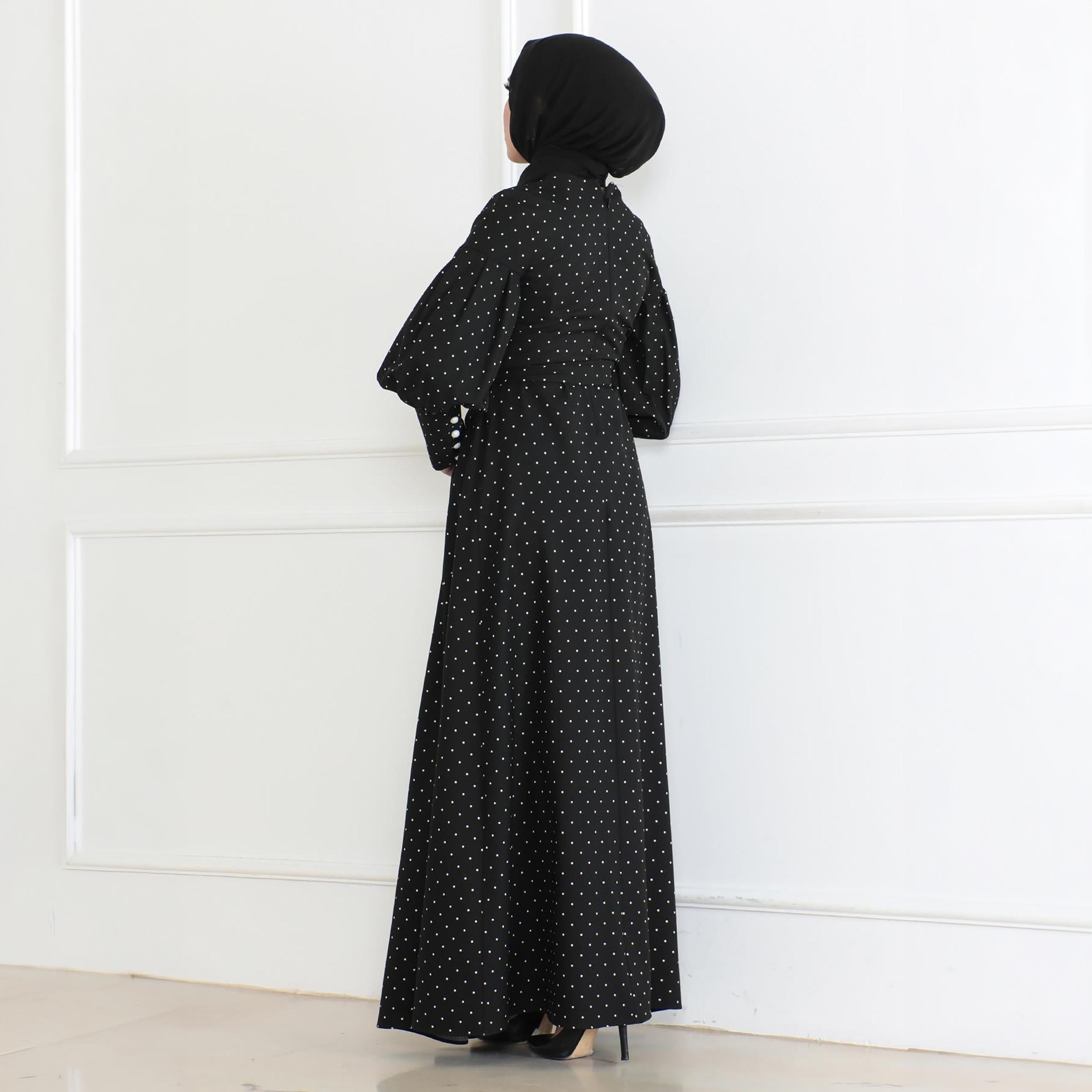 Turkish Souq Polka Dot Black Bishop Sleeves Women's Maxi Modest Dress-women-clothing-dresses-image-3