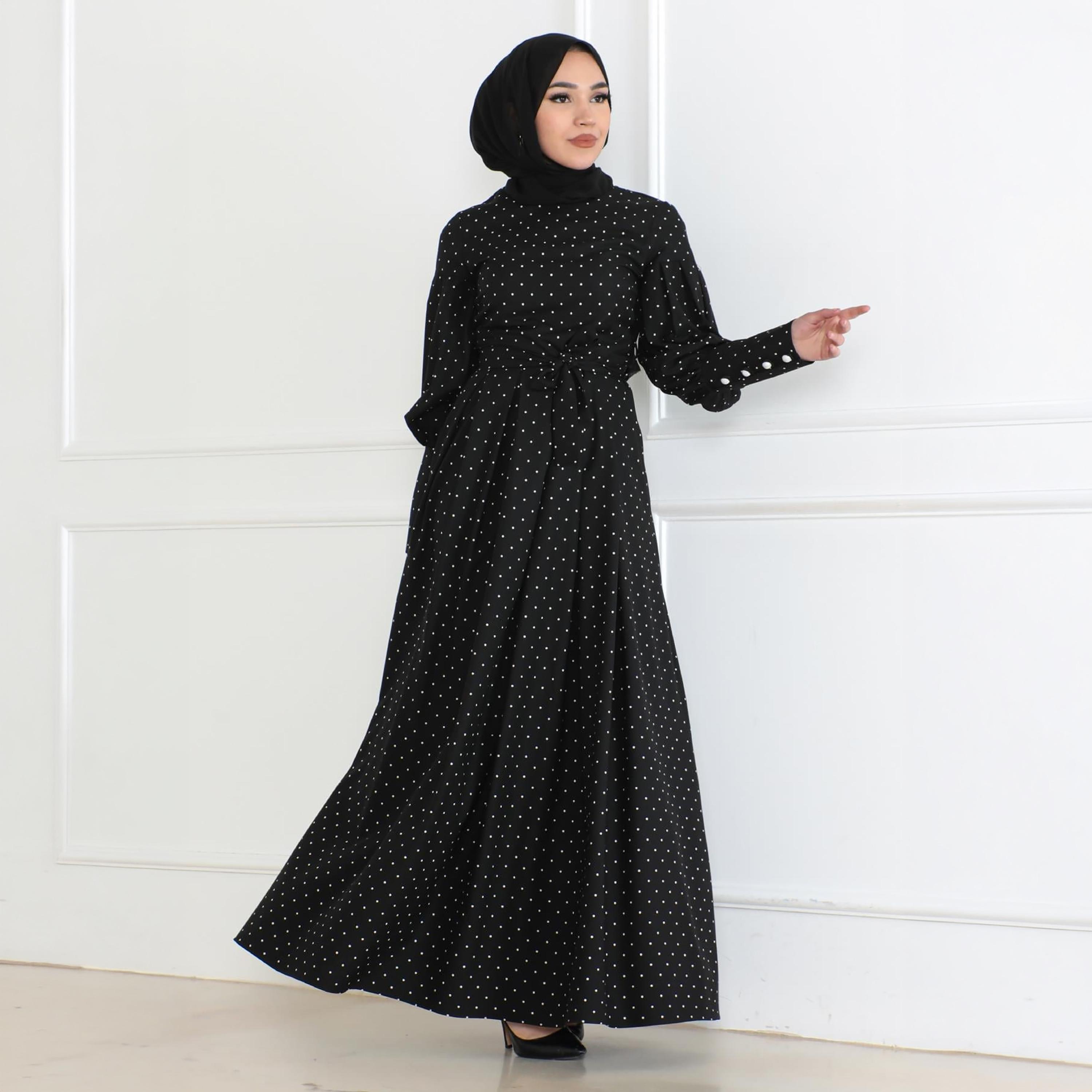 Turkish Souq Polka Dot Black Bishop Sleeves Women's Maxi Modest Dress-women-clothing-dresses-image-4