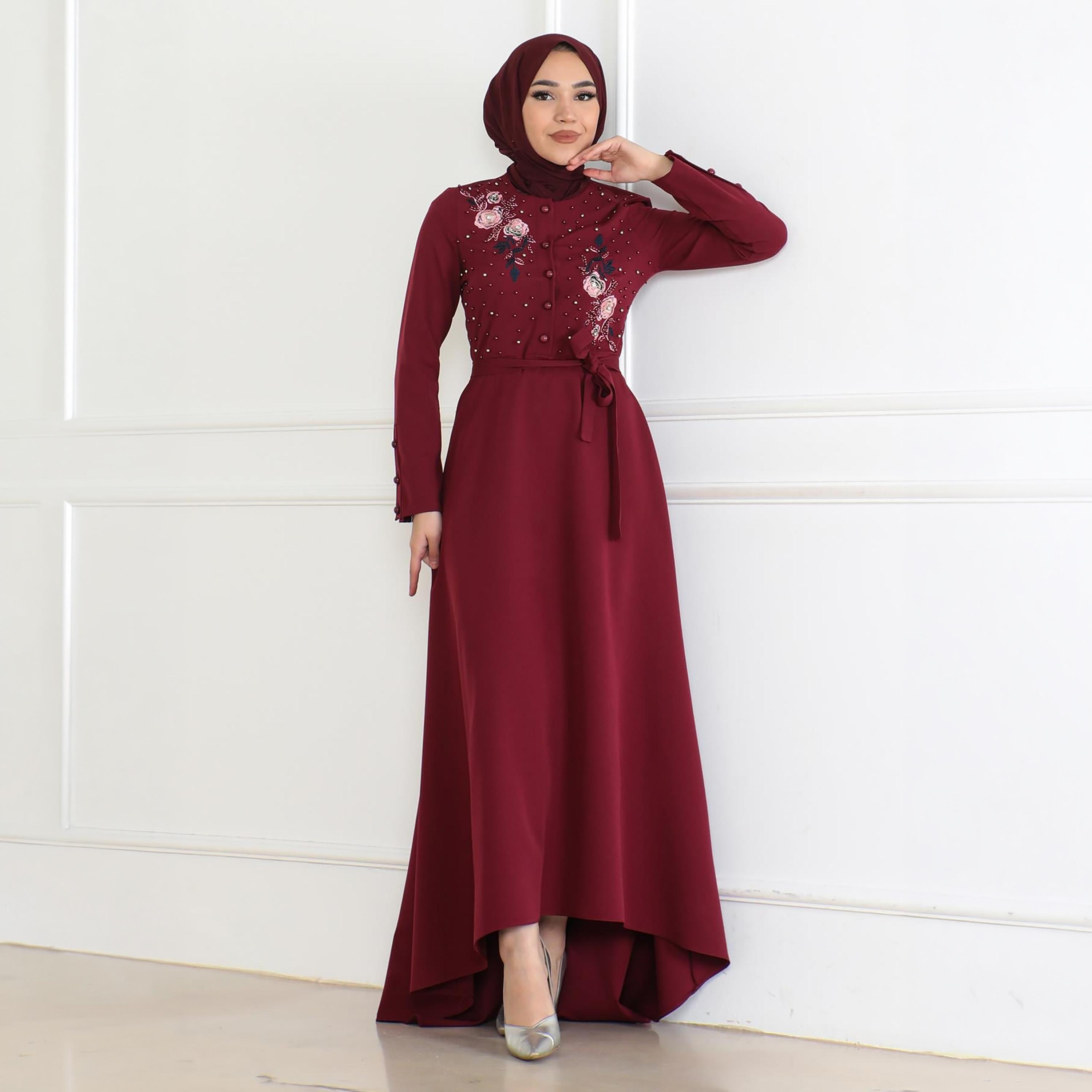 Turkish Souq Floral Embroidered Red Evening Women's Maxi Modest Dress in Crepe-women-clothing-dresses-image-1