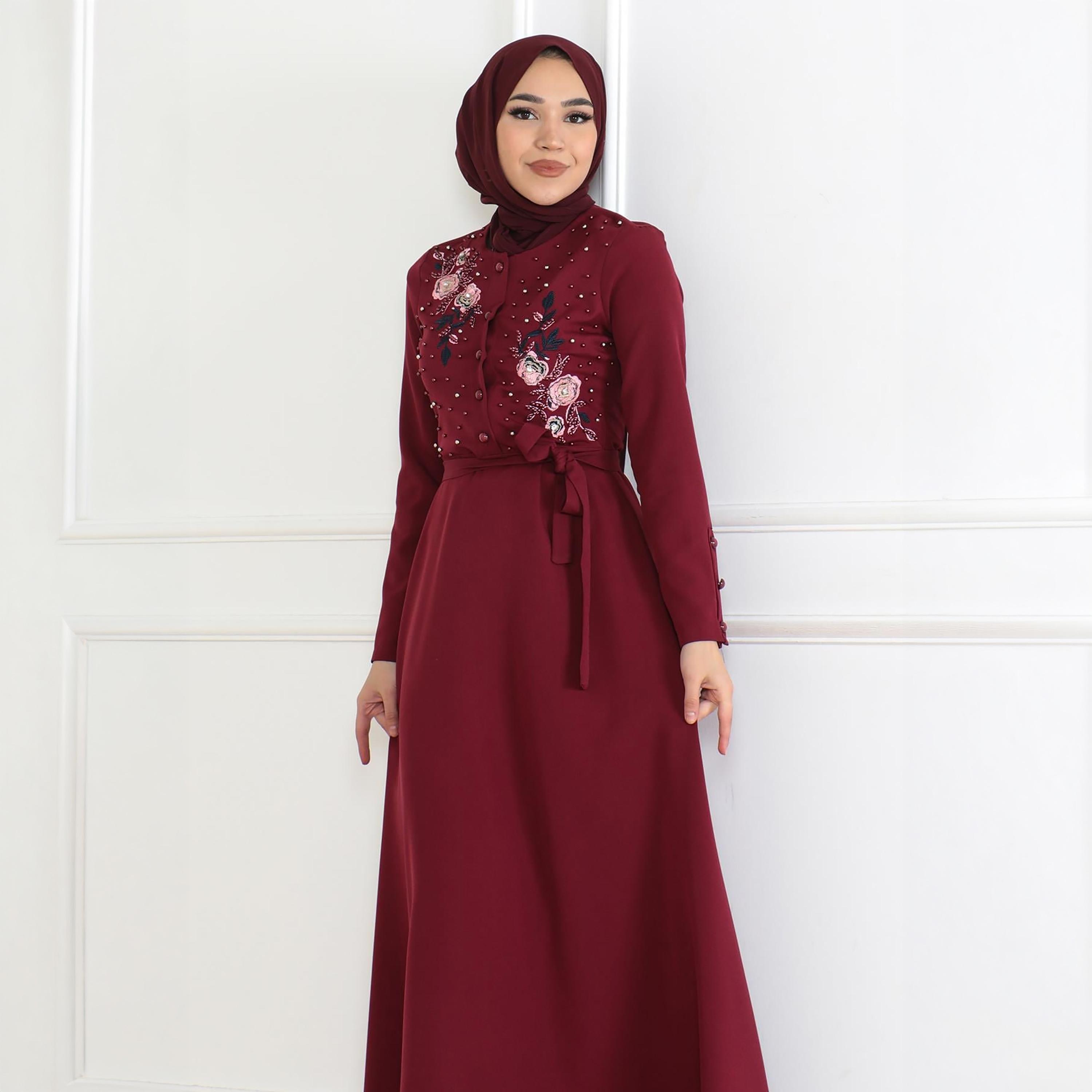 Turkish Souq Floral Embroidered Red Evening Women's Maxi Modest Dress in Crepe-women-clothing-dresses-image-2