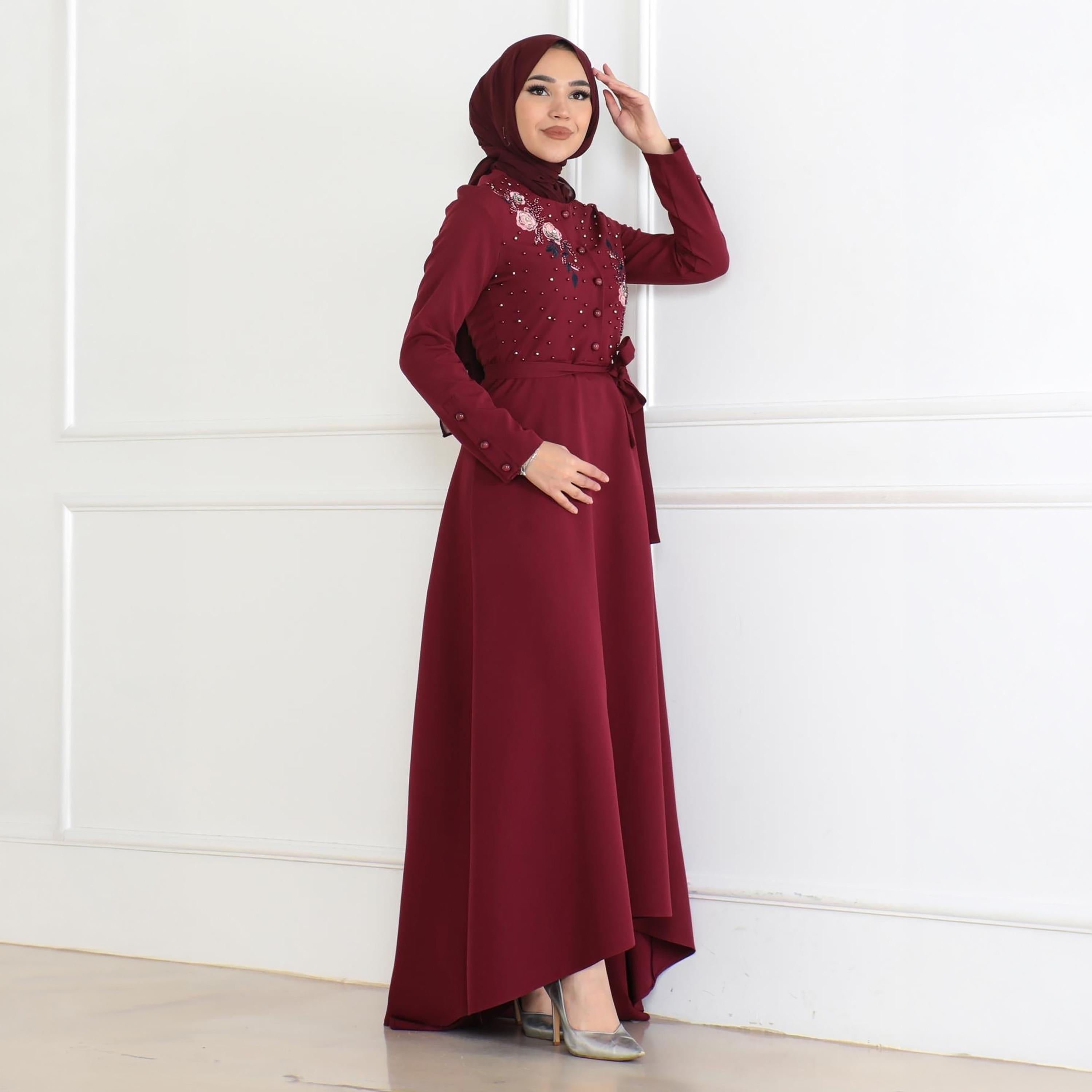 Turkish Souq Floral Embroidered Red Evening Women's Maxi Modest Dress in Crepe-women-clothing-dresses-image-3