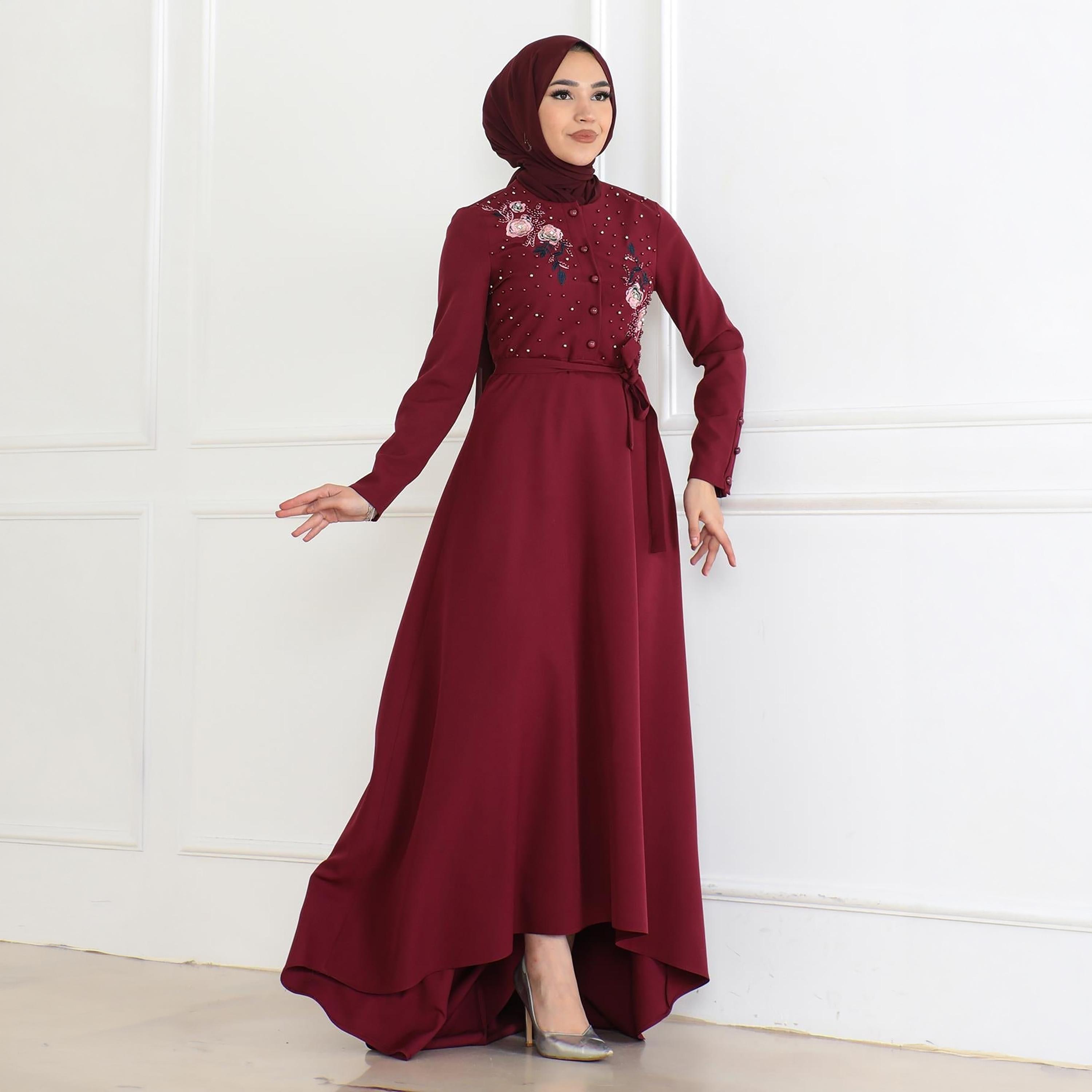 Turkish Souq Floral Embroidered Red Evening Women's Maxi Modest Dress in Crepe-women-clothing-dresses-image-4