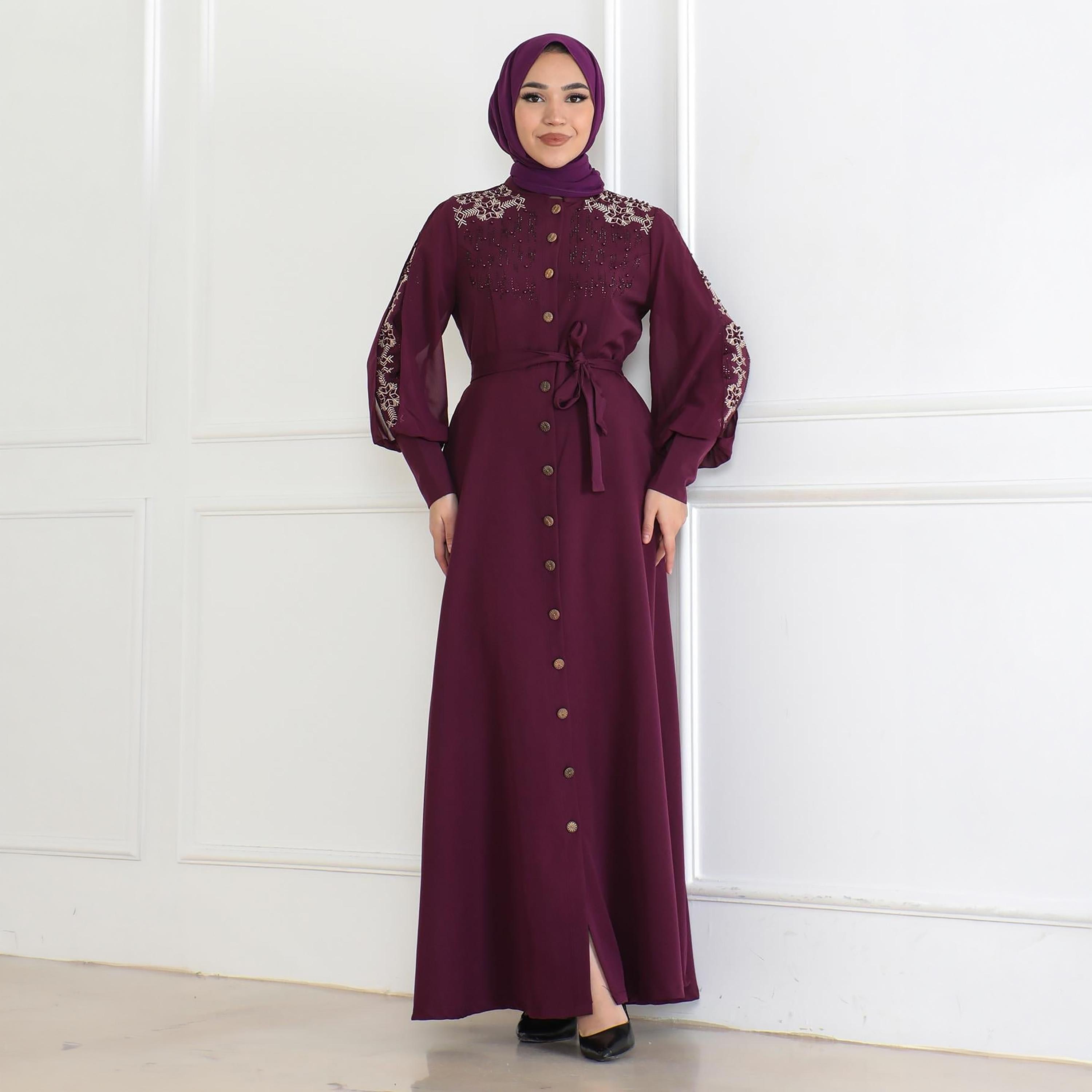 Turkish Souq Embroidered Purple Bishop Sleeves Evening Women's Maxi Modest Dress-women-clothing-dresses-image-1