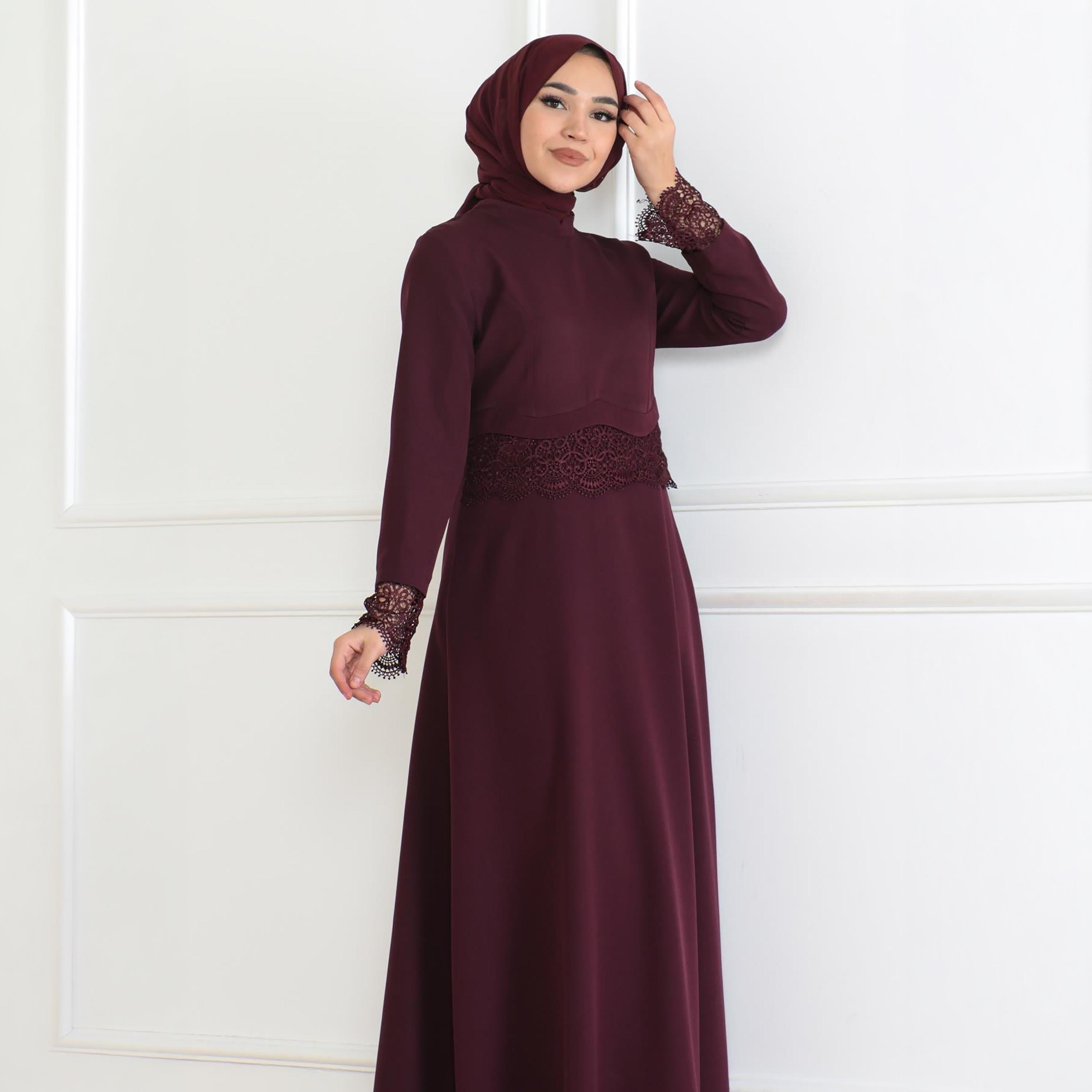 Turkish Souq Lace Trim Purple Evening Women's Maxi Modest Dress-women-clothing-dresses-image-2