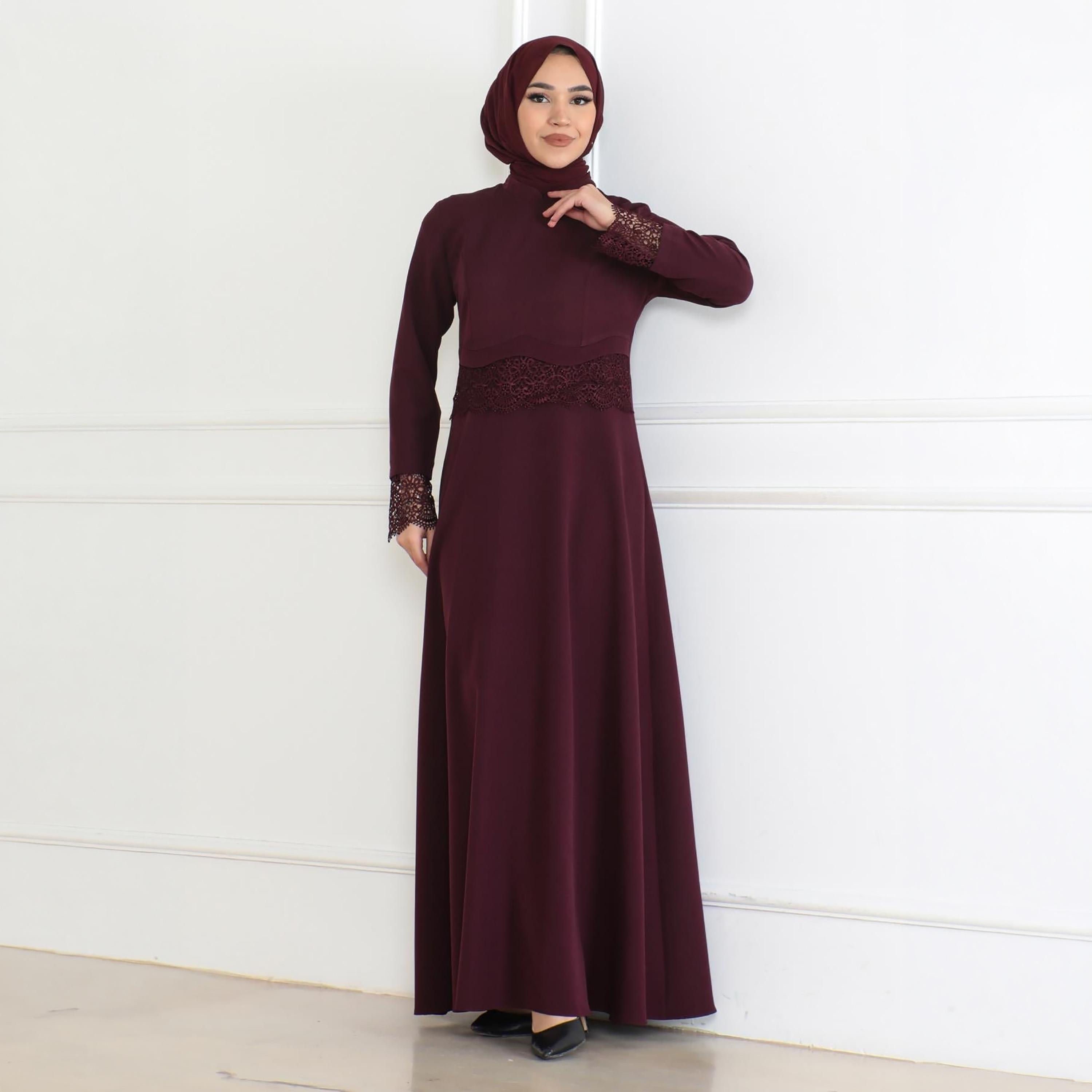 Turkish Souq Lace Trim Purple Evening Women's Maxi Modest Dress-women-clothing-dresses-image-4