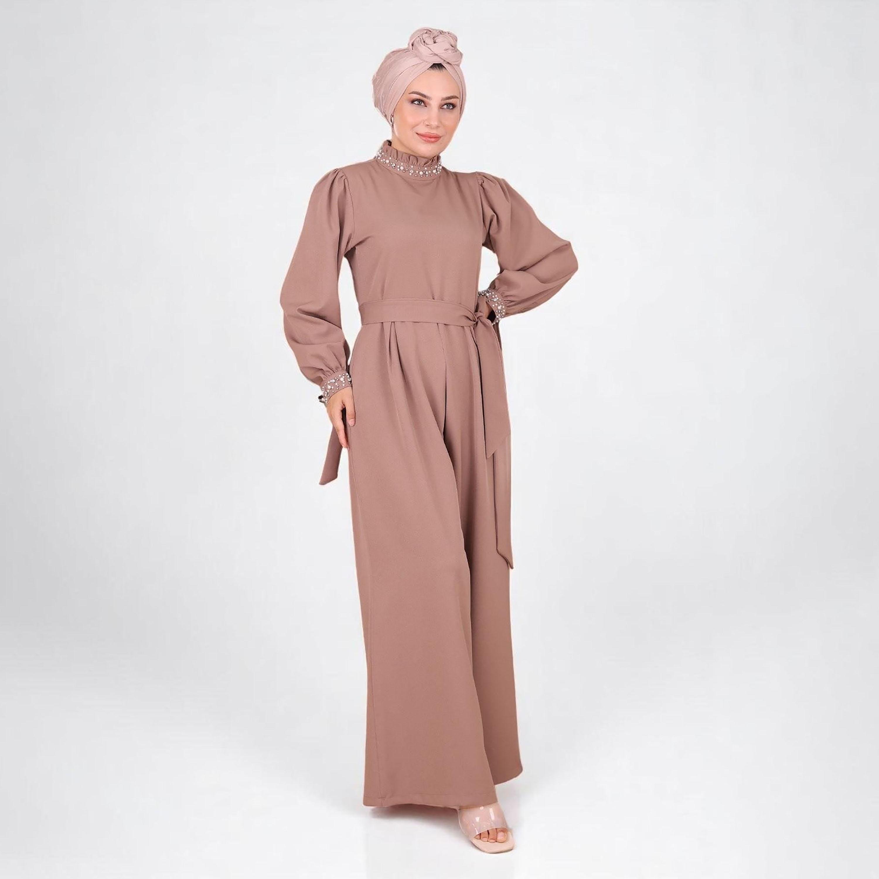 جمبسوت نسائي بأكمام بالون باللون البني من الكريب من توركيش سوق-women-clothing-jumpsuits-image-1