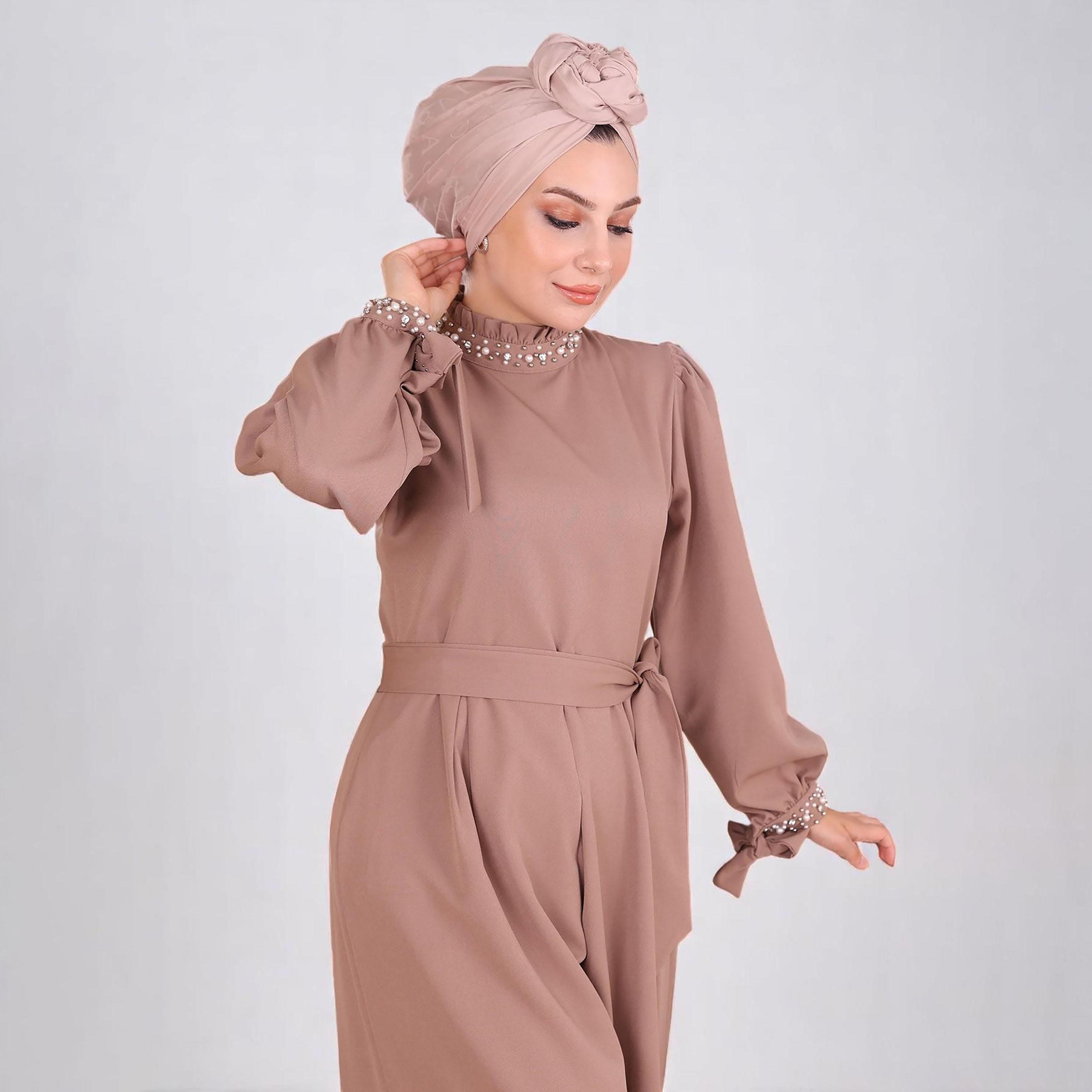 جمبسوت نسائي بأكمام بالون باللون البني من الكريب من توركيش سوق-women-clothing-jumpsuits-image-2