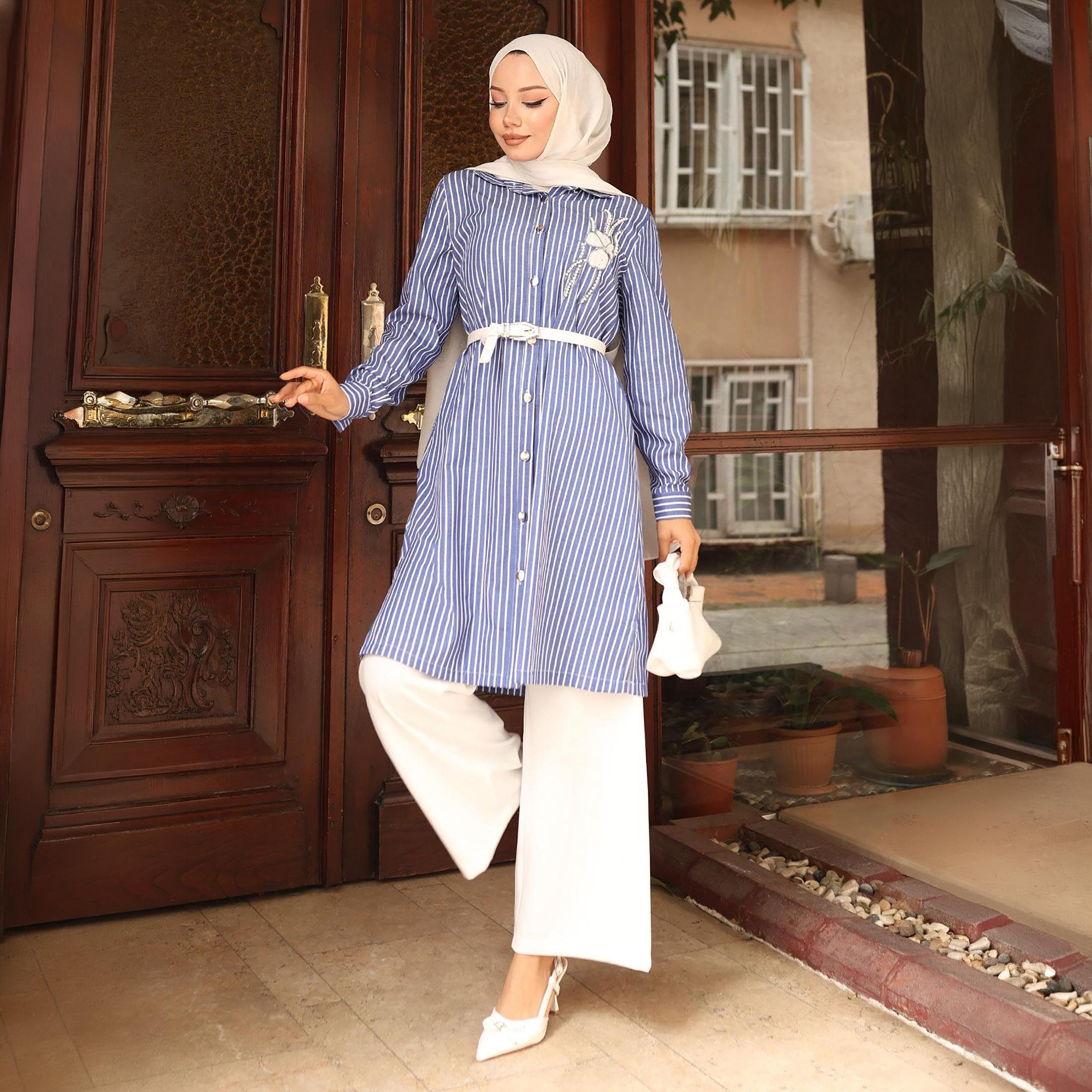 Turkish Souq Striped Crepe Long Shirt & Trousers Women's Set-women-clothing-coordsets-image-2