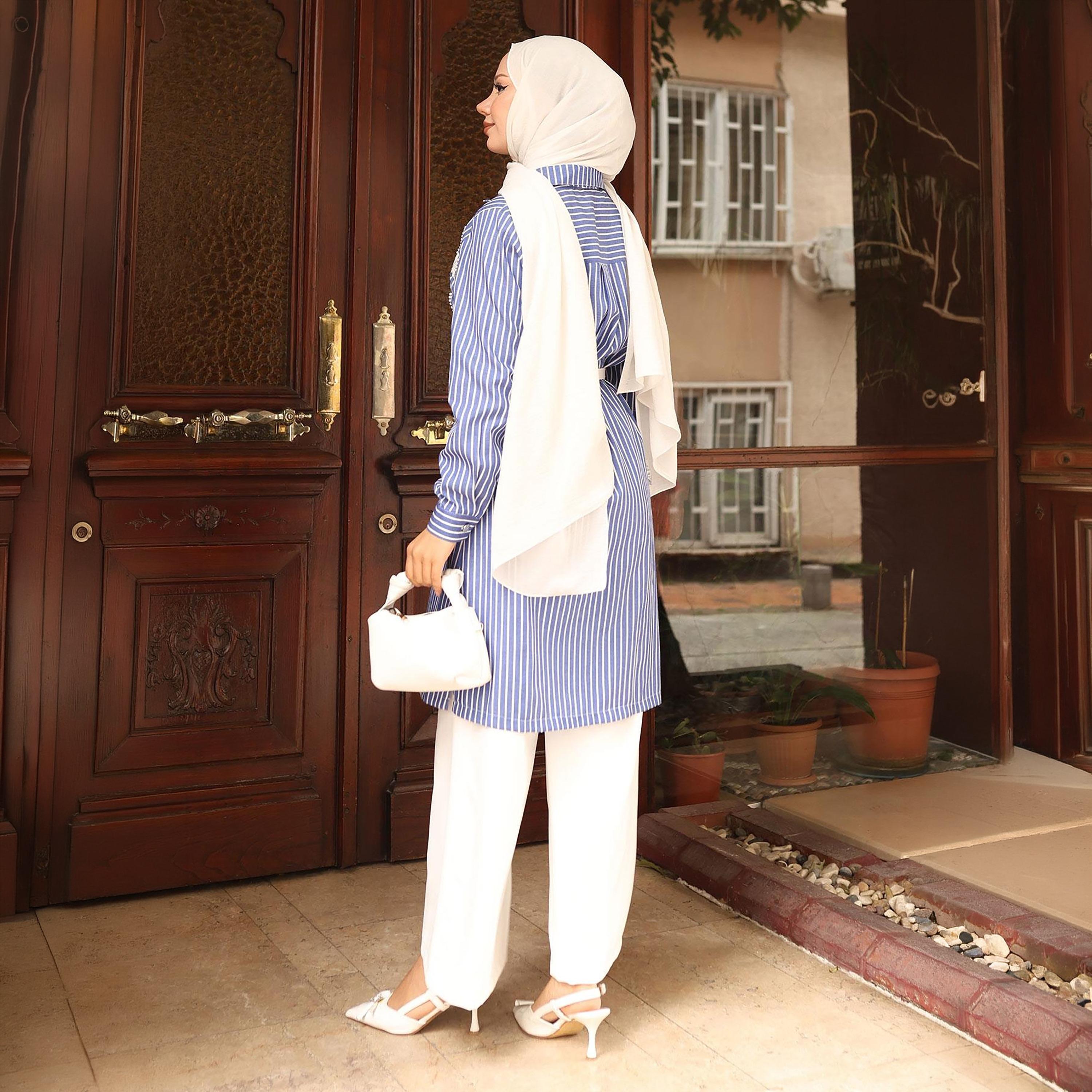 Turkish Souq Striped Crepe Long Shirt & Trousers Women's Set-women-clothing-coordsets-image-3
