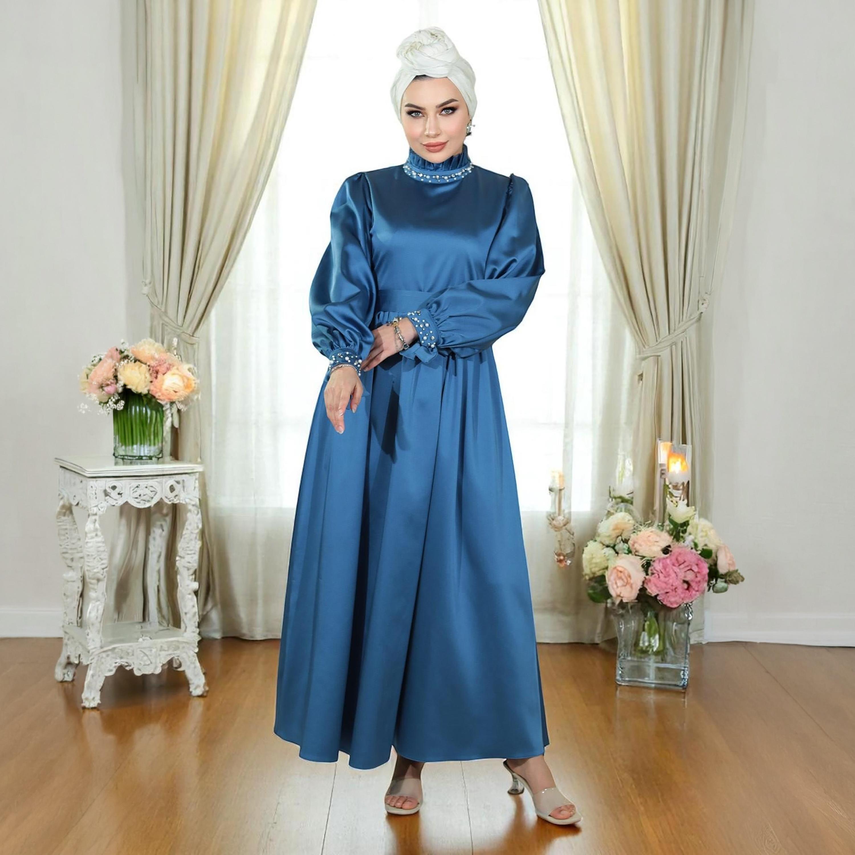 Turkish Souq Blue Bishop Sleeves Evening Women's Maxi Modest Dress in Satin-women-clothing-dresses-image-1