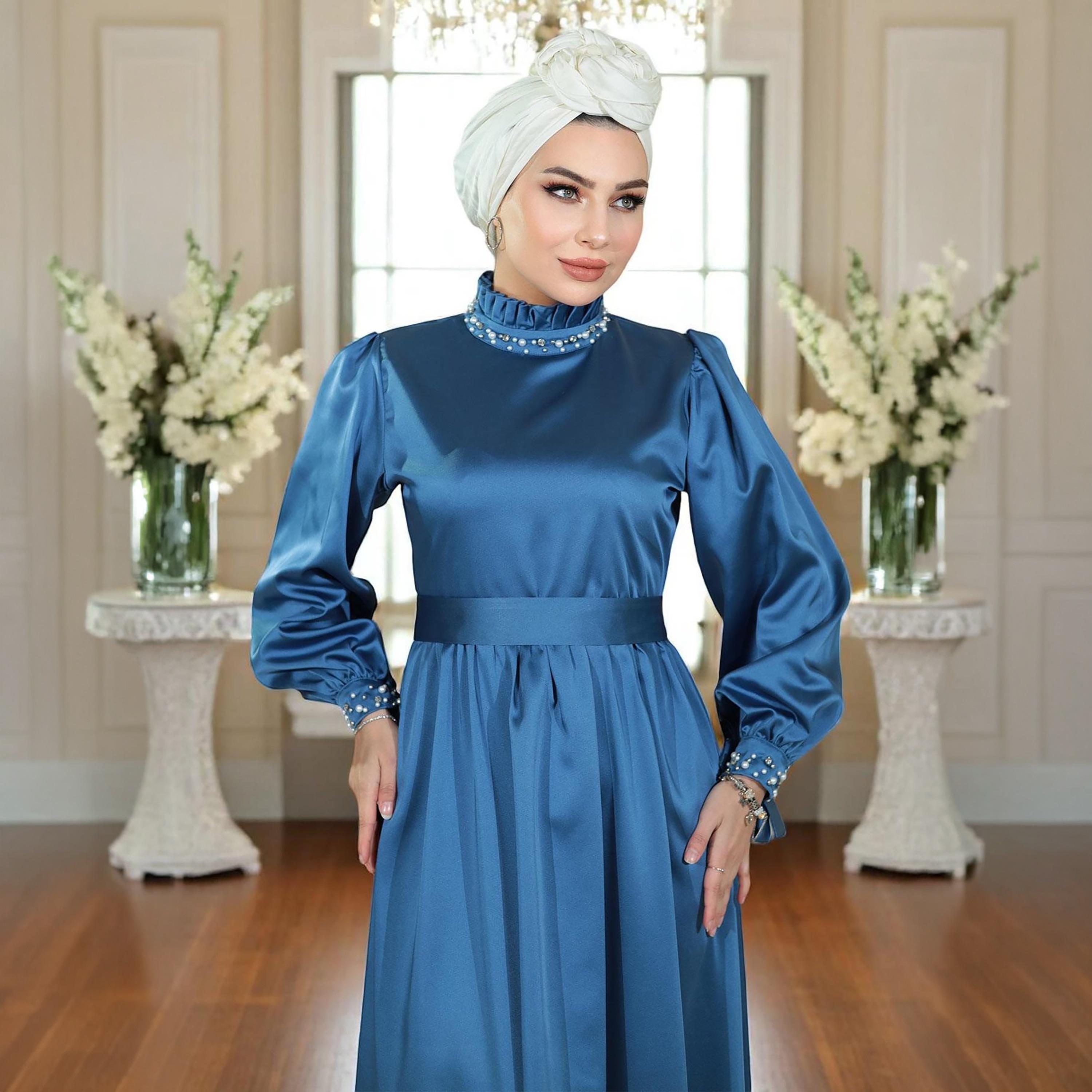 Turkish Souq Blue Bishop Sleeves Evening Women's Maxi Modest Dress in Satin-women-clothing-dresses-image-2