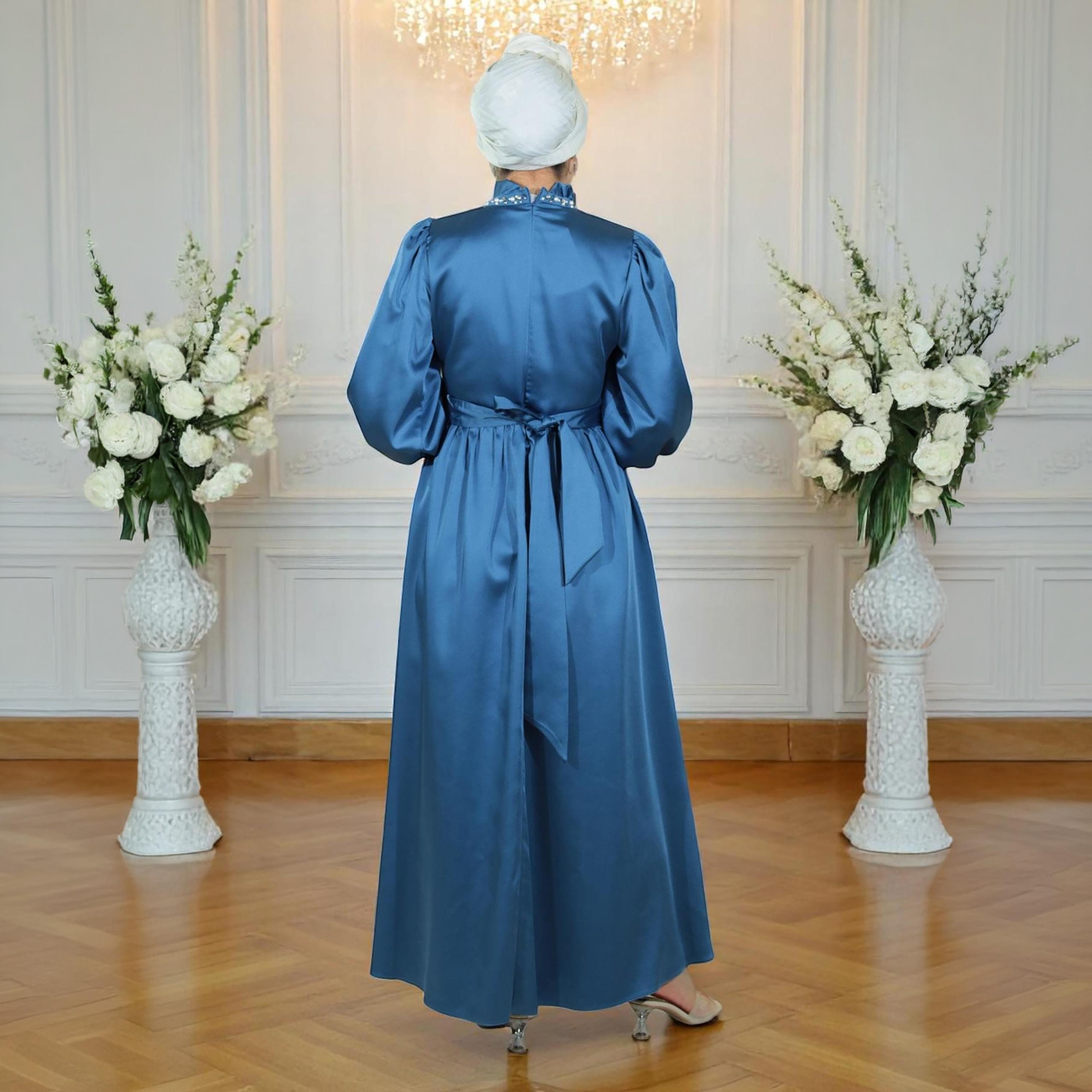 Turkish Souq Blue Bishop Sleeves Evening Women's Maxi Modest Dress in Satin-women-clothing-dresses-image-3