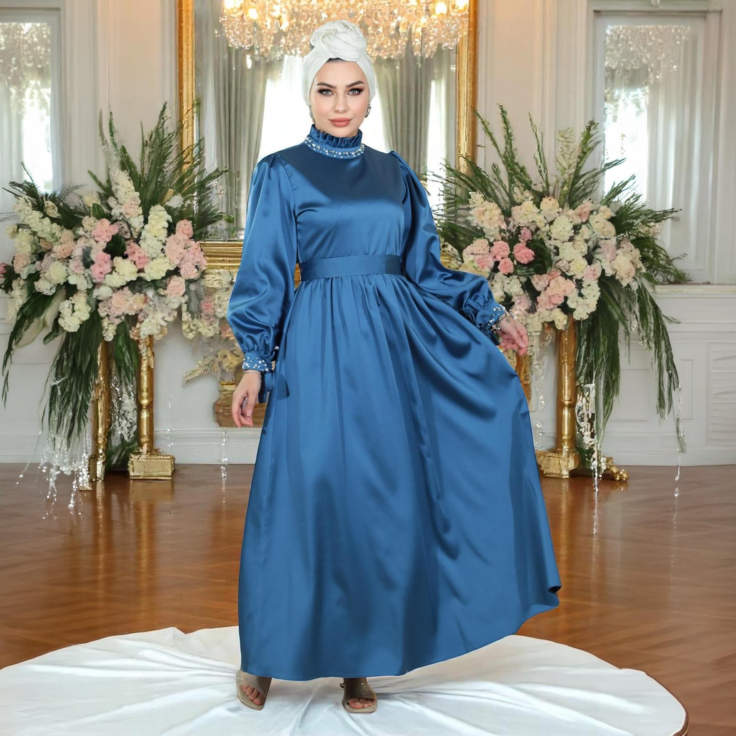Turkish Souq Blue Bishop Sleeves Evening Women's Maxi Modest Dress in Satin-women-clothing-dresses-image-4