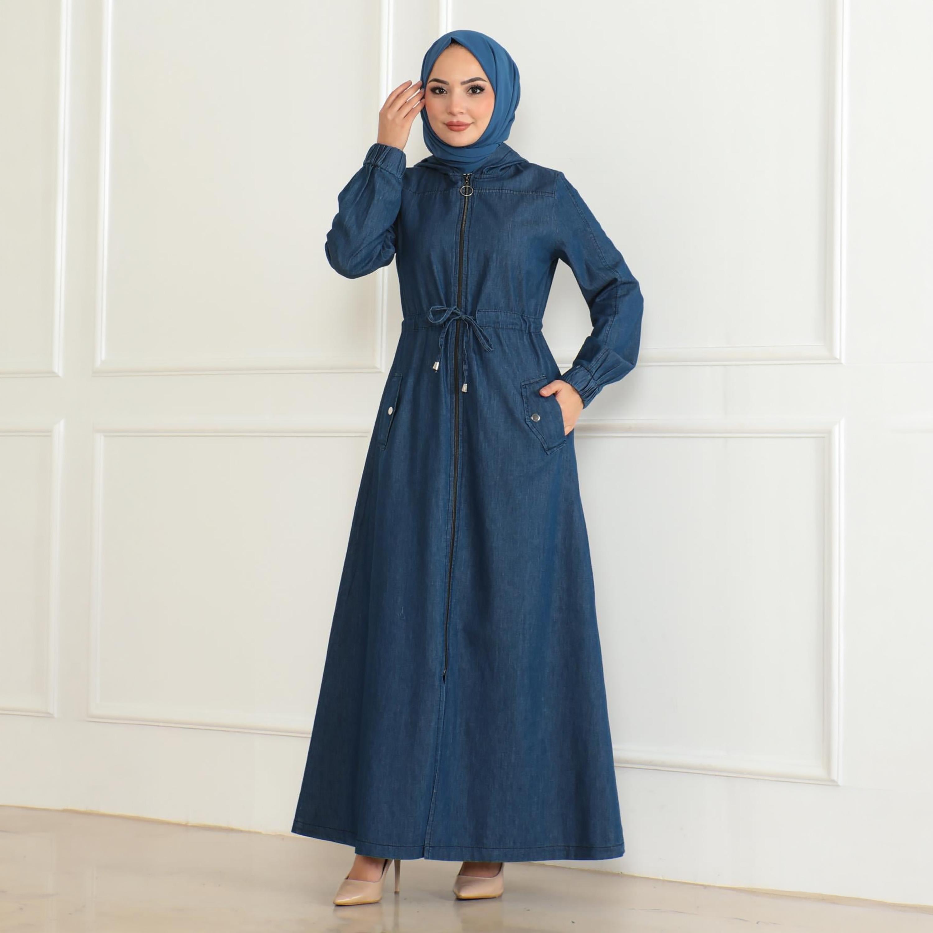 Turkish Souq Elasticated Cuff Sleeves Denim Women's Abaya-women-arabicclothing-abayas-image-1