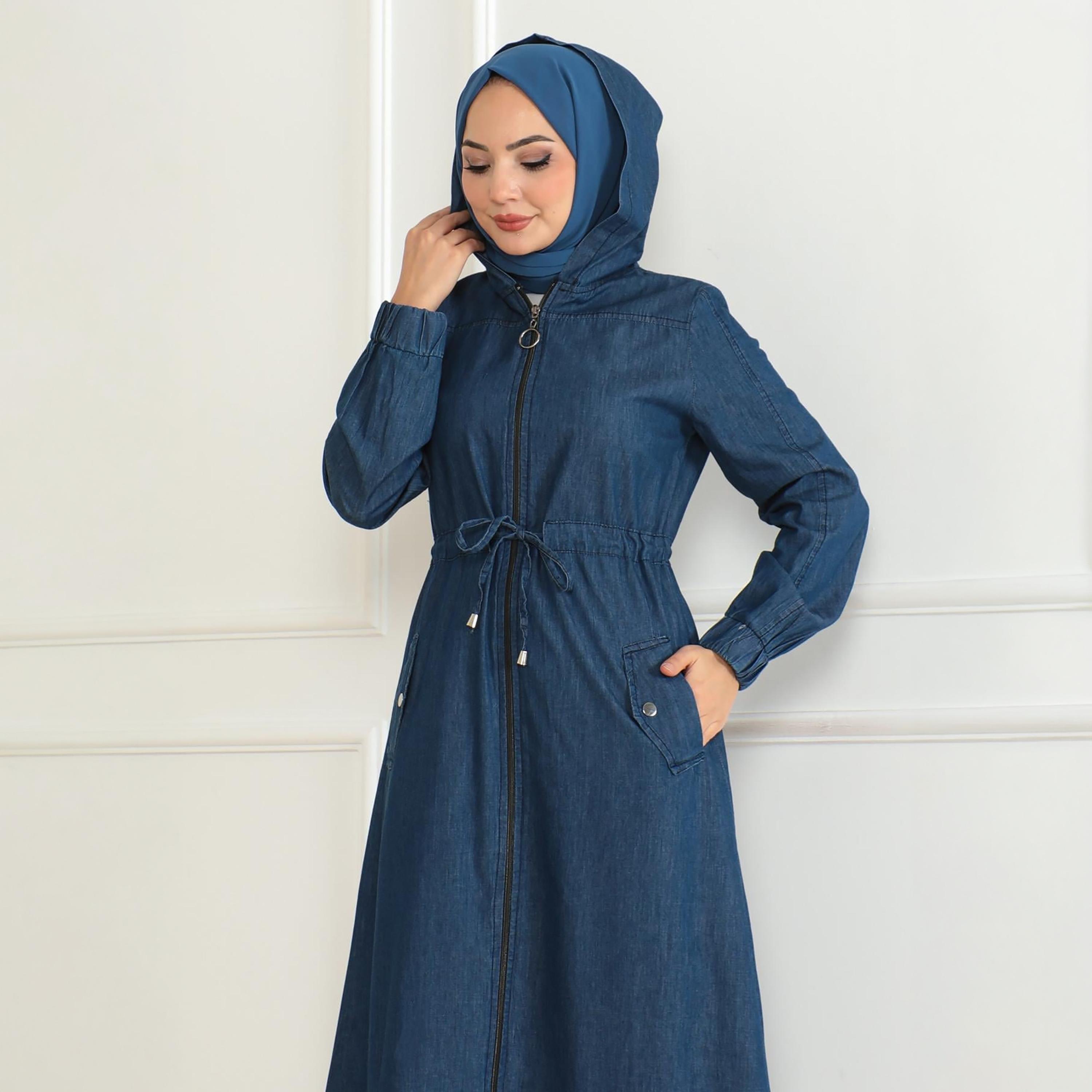 Turkish Souq Elasticated Cuff Sleeves Denim Women's Abaya-women-arabicclothing-abayas-image-2