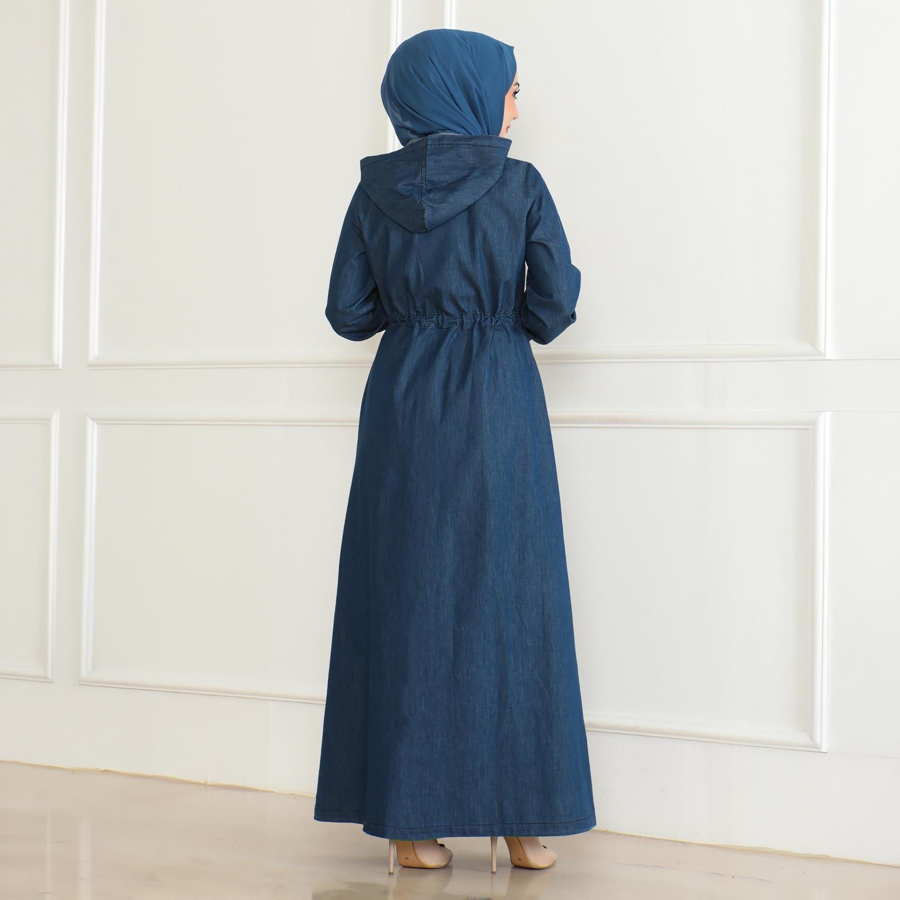 Turkish Souq Elasticated Cuff Sleeves Denim Women's Abaya-women-arabicclothing-abayas-image-3