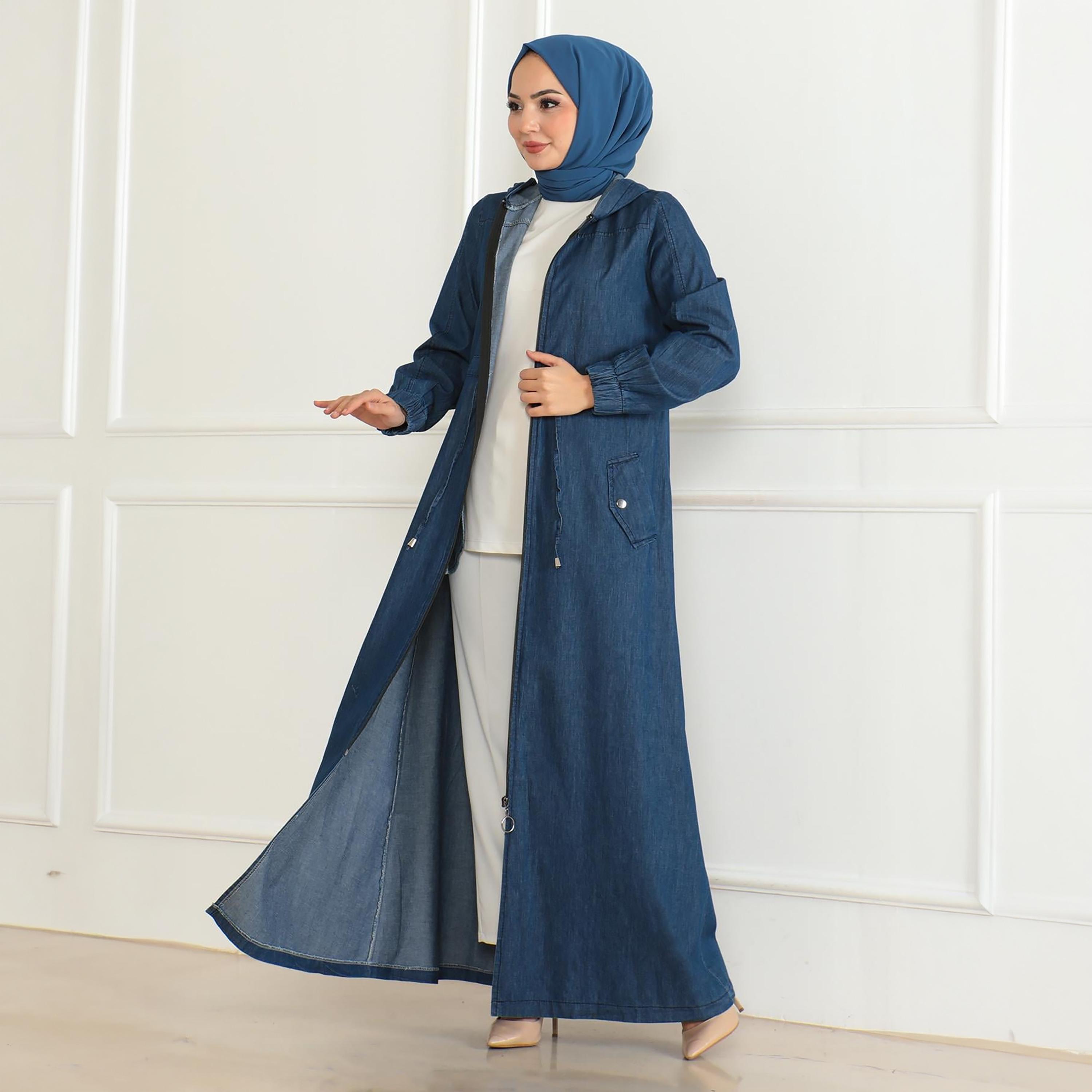 Turkish Souq Elasticated Cuff Sleeves Denim Women's Abaya-women-arabicclothing-abayas-image-4