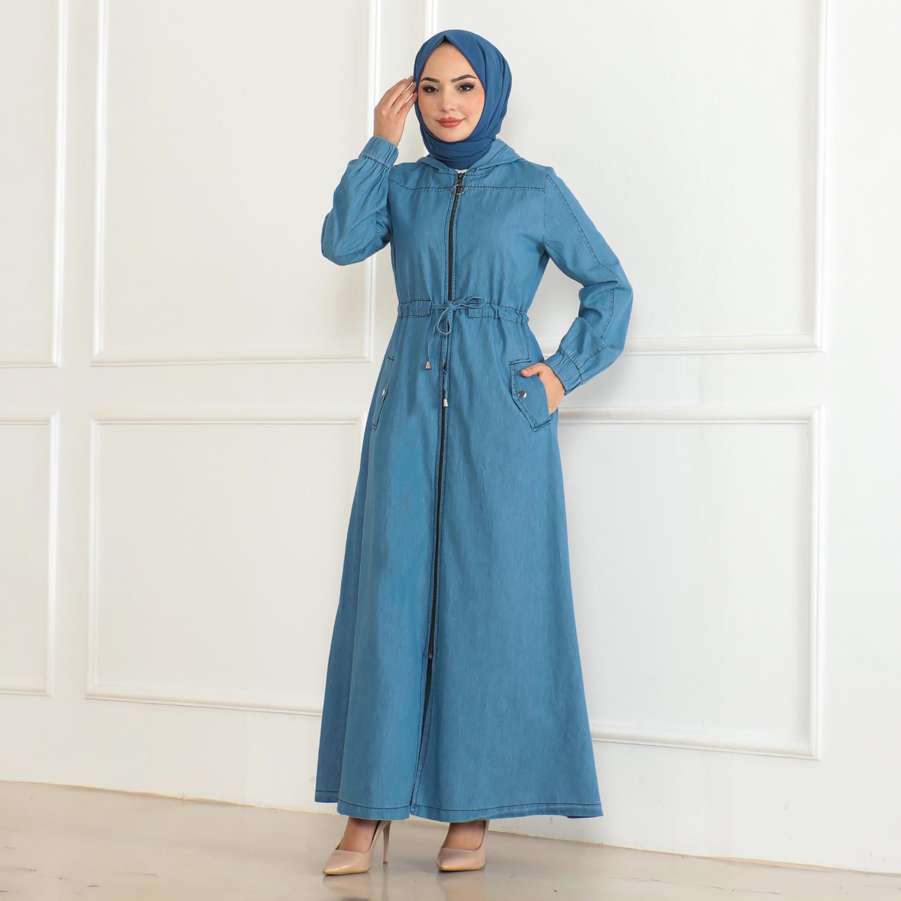 Turkish Souq Elasticated Cuff Sleeves Denim Women's Abaya-women-arabicclothing-abayas-image-1