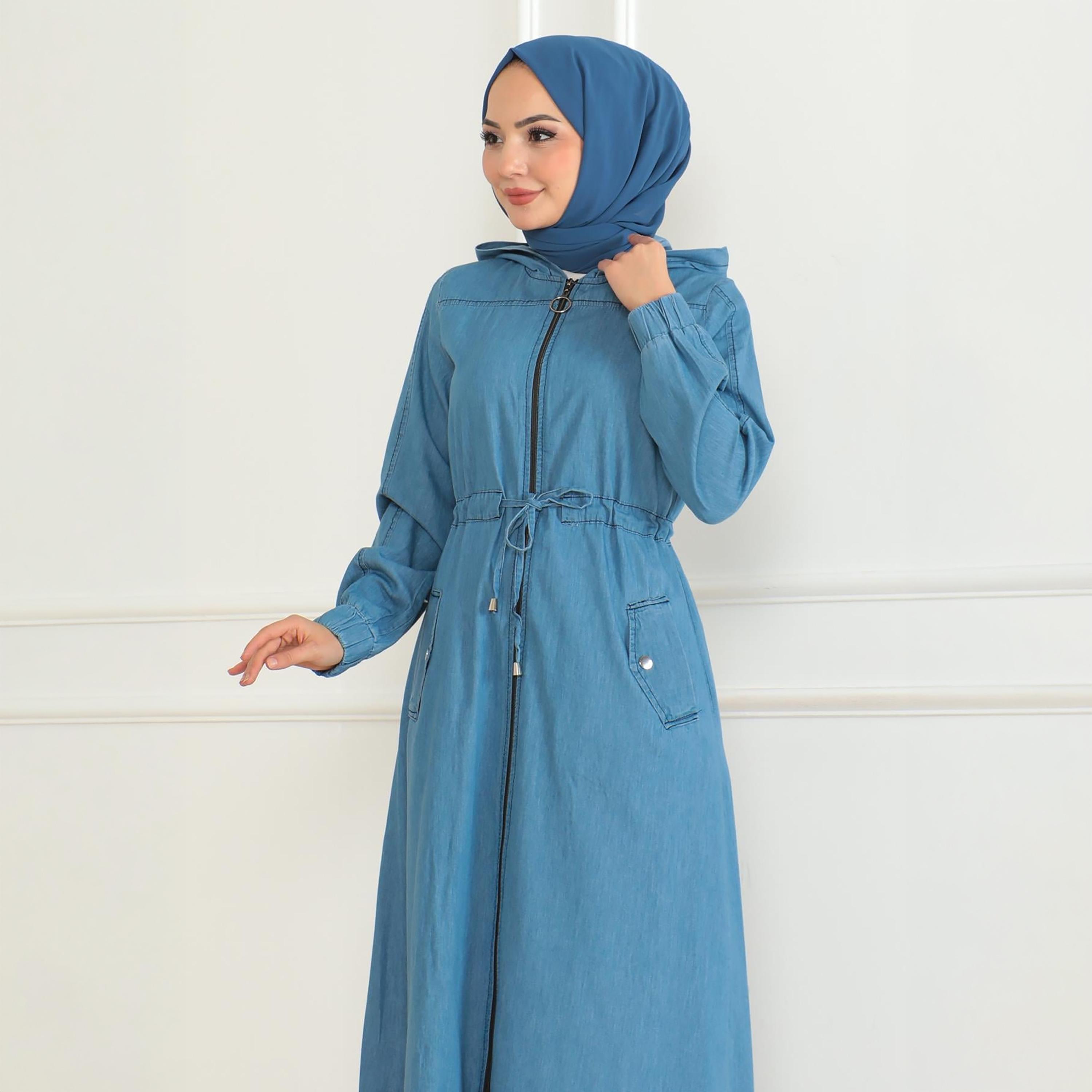 Turkish Souq Elasticated Cuff Sleeves Denim Women's Abaya-women-arabicclothing-abayas-image-2