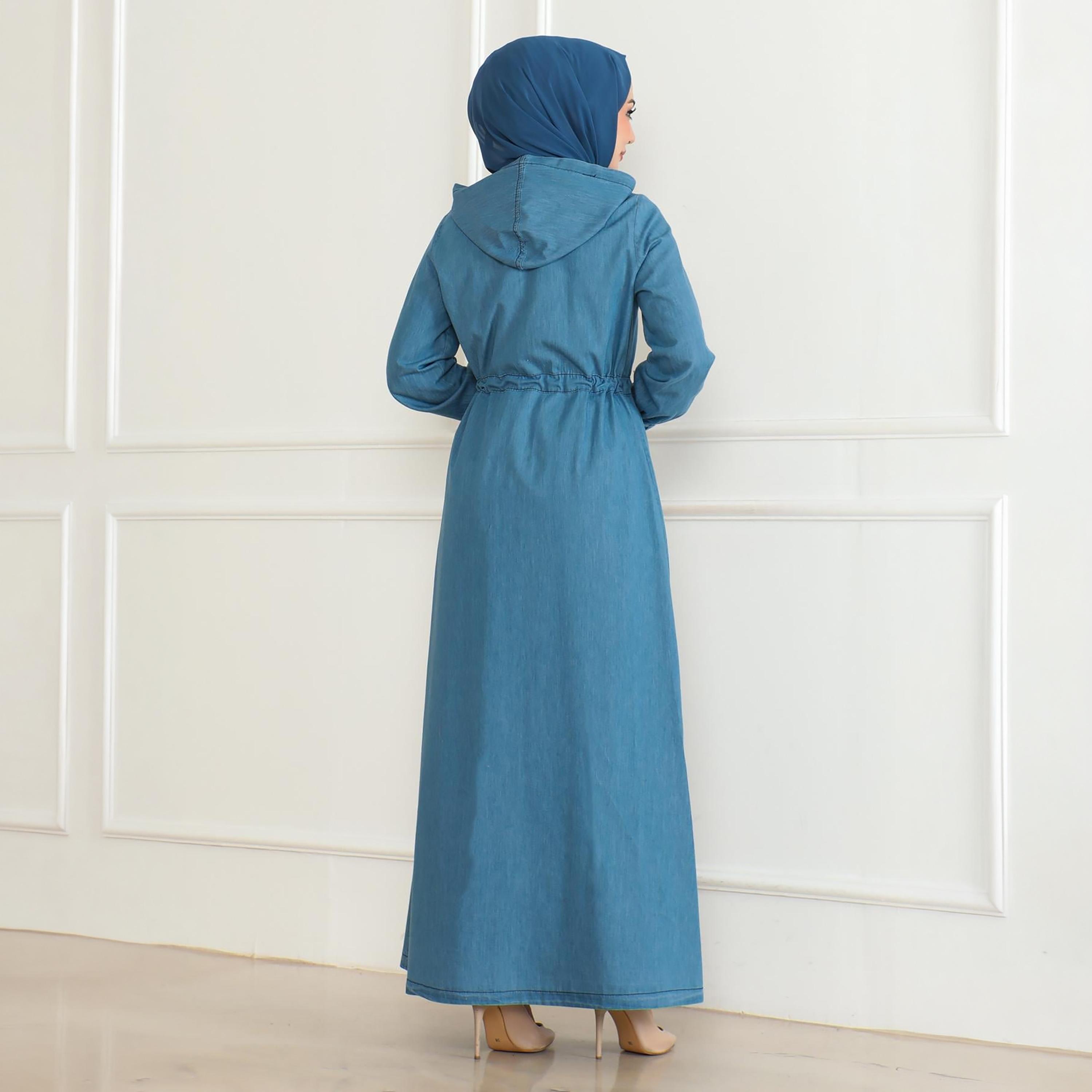 Turkish Souq Elasticated Cuff Sleeves Denim Women's Abaya-women-arabicclothing-abayas-image-3