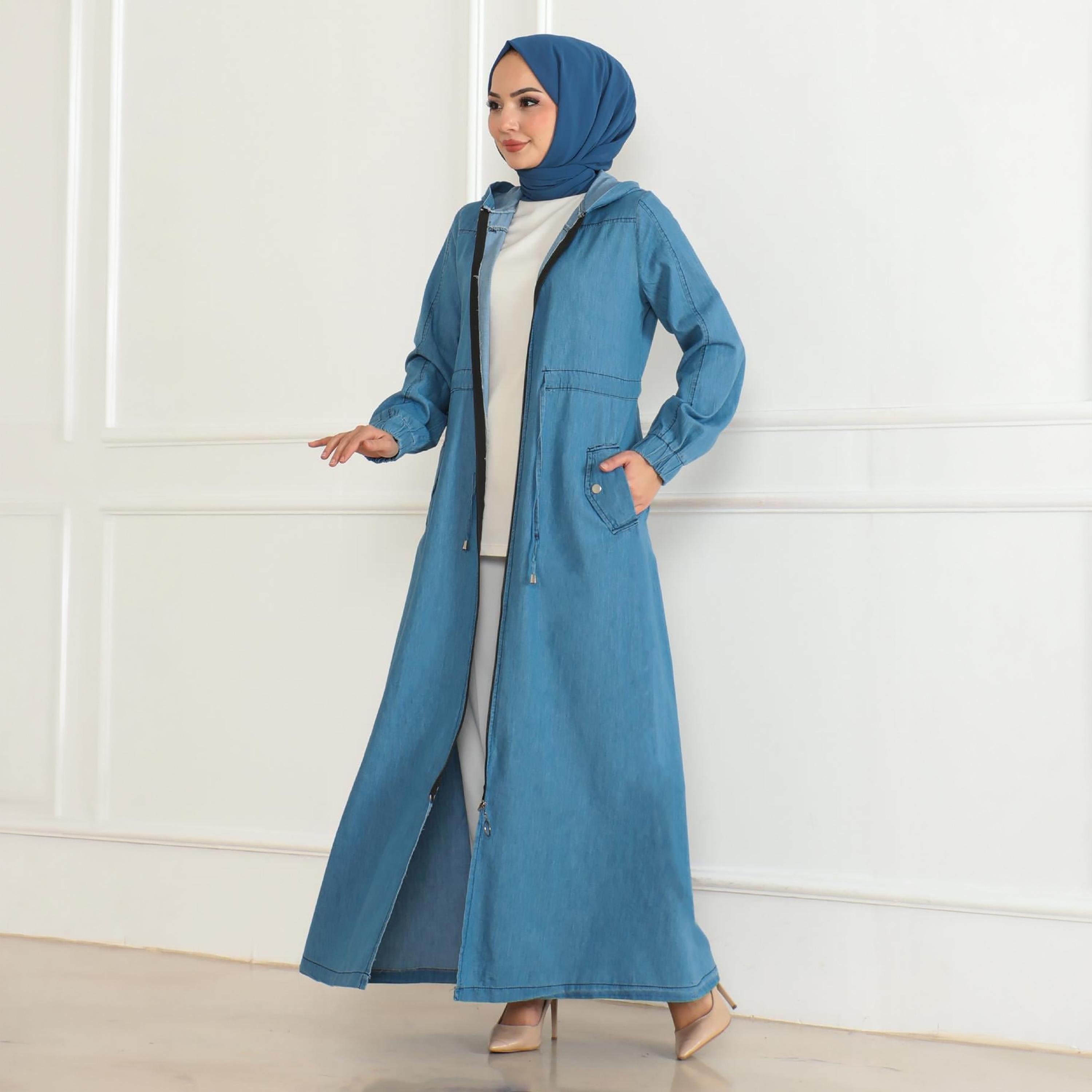 Turkish Souq Elasticated Cuff Sleeves Denim Women's Abaya-women-arabicclothing-abayas-image-4