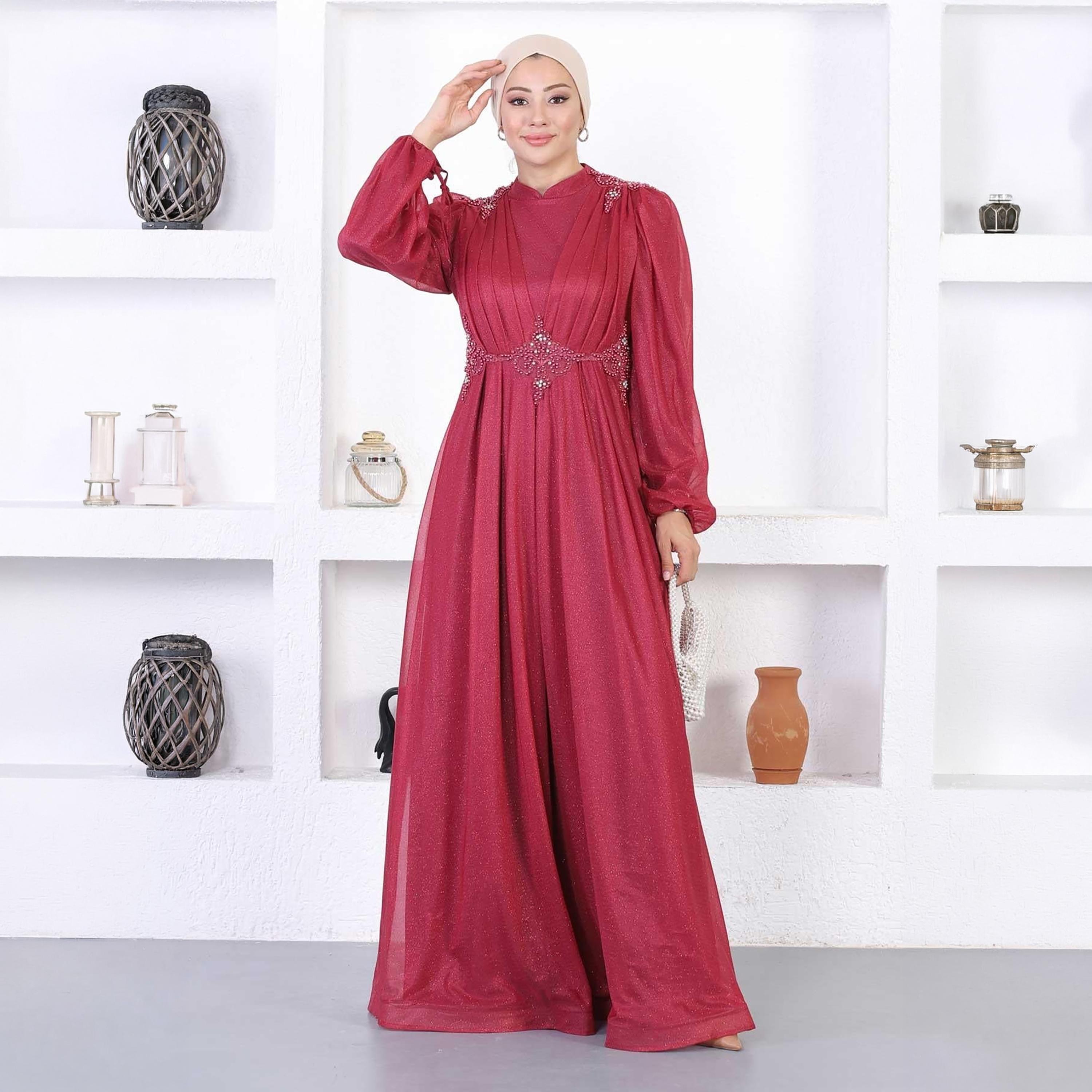 Turkish Souq Lace Trim Red Balloon Sleeves Evening Women's Maxi Modest Dress in Tulle-women-clothing-dresses-image-1