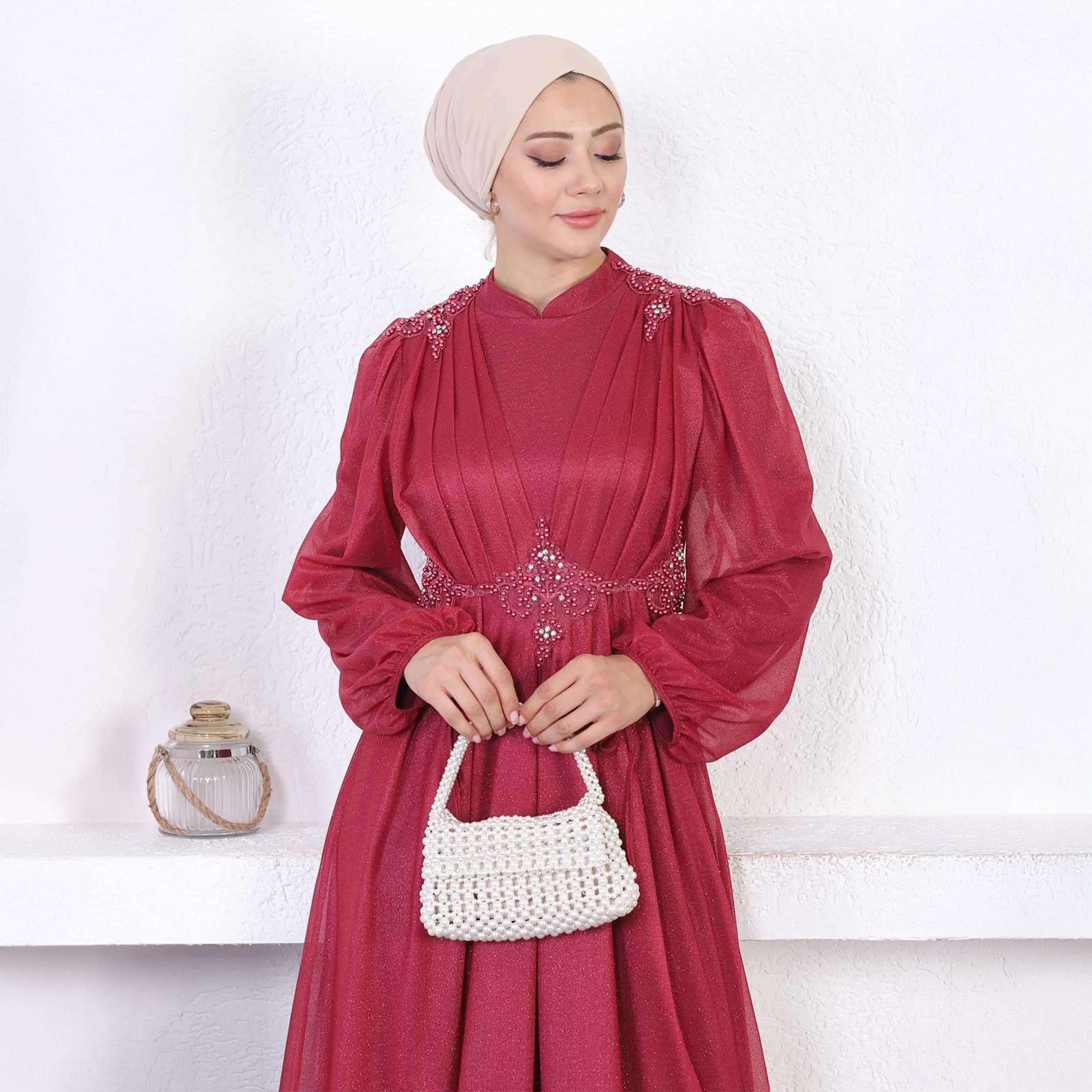Turkish Souq Lace Trim Red Balloon Sleeves Evening Women's Maxi Modest Dress in Tulle-women-clothing-dresses-image-2