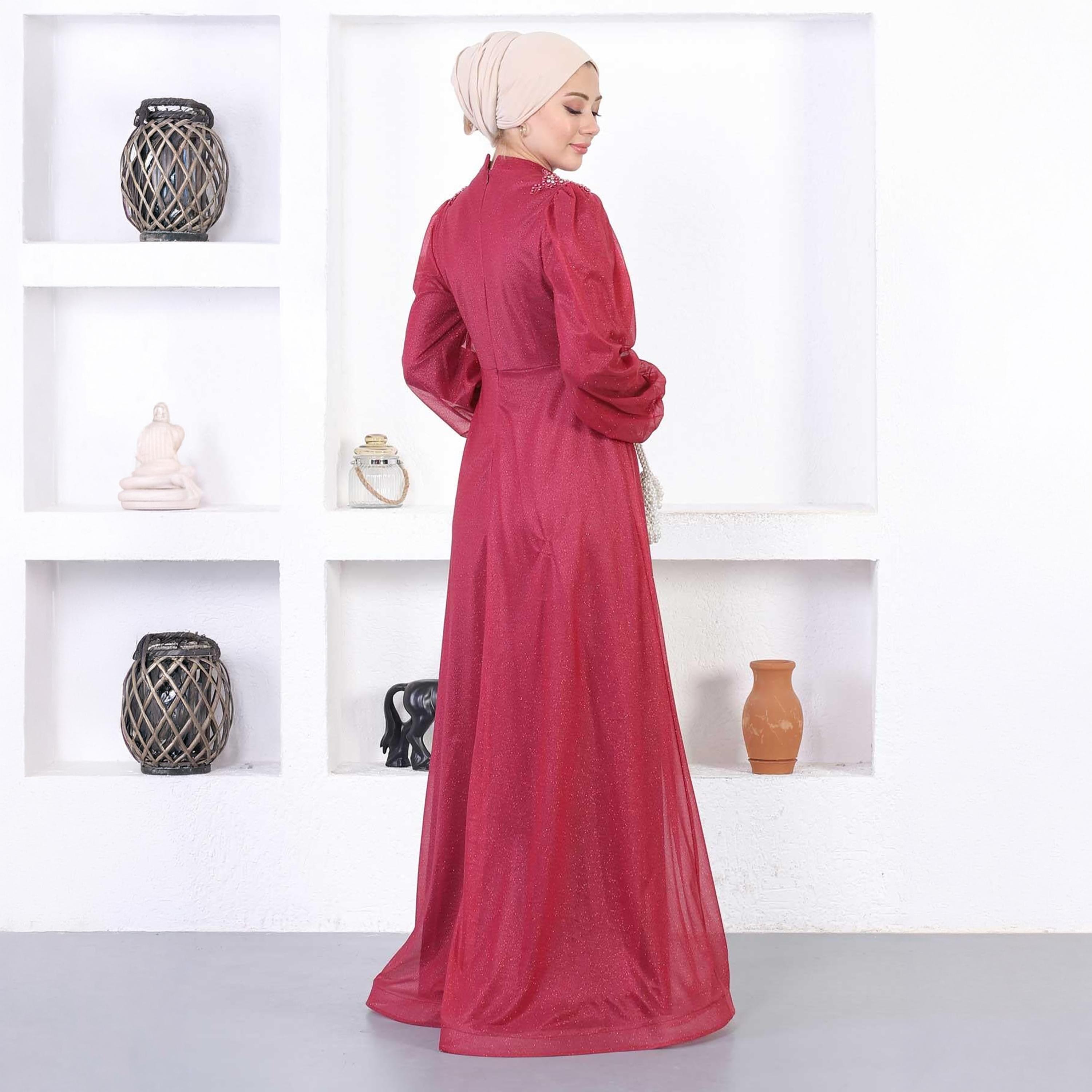 Turkish Souq Lace Trim Red Balloon Sleeves Evening Women's Maxi Modest Dress in Tulle-women-clothing-dresses-image-3