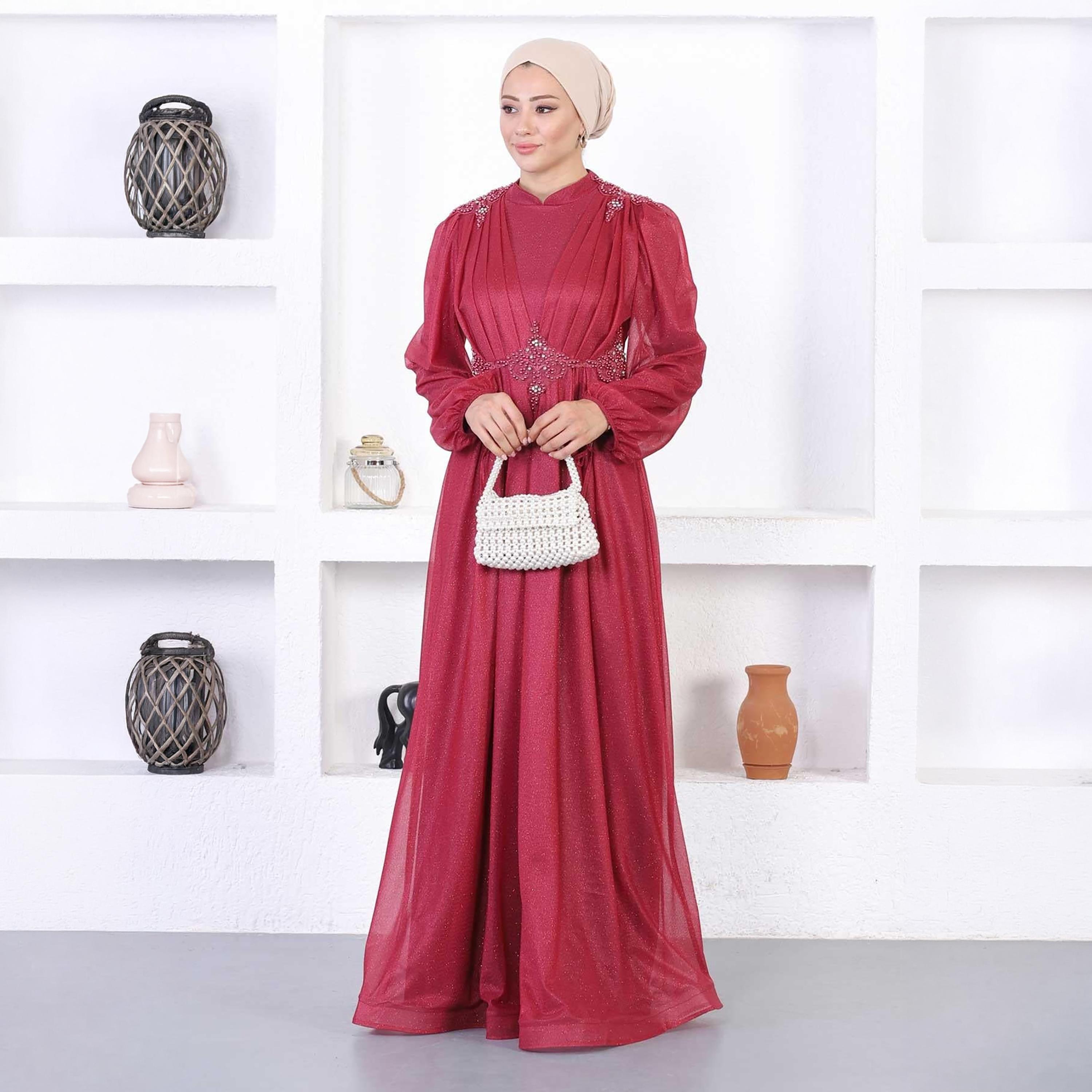Turkish Souq Lace Trim Red Balloon Sleeves Evening Women's Maxi Modest Dress in Tulle-women-clothing-dresses-image-4