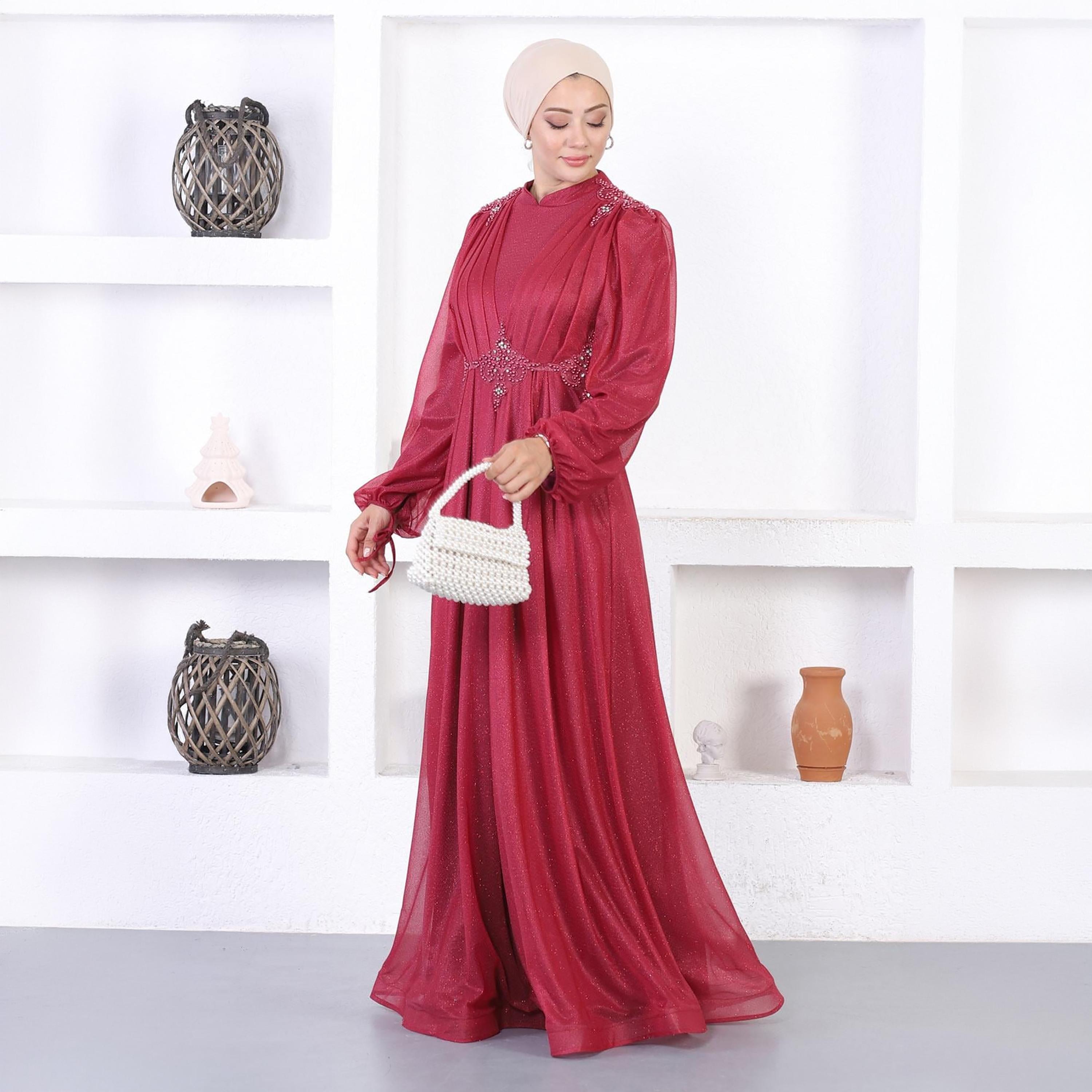 Turkish Souq Lace Trim Red Balloon Sleeves Evening Women's Maxi Modest Dress in Tulle-women-clothing-dresses-image-5