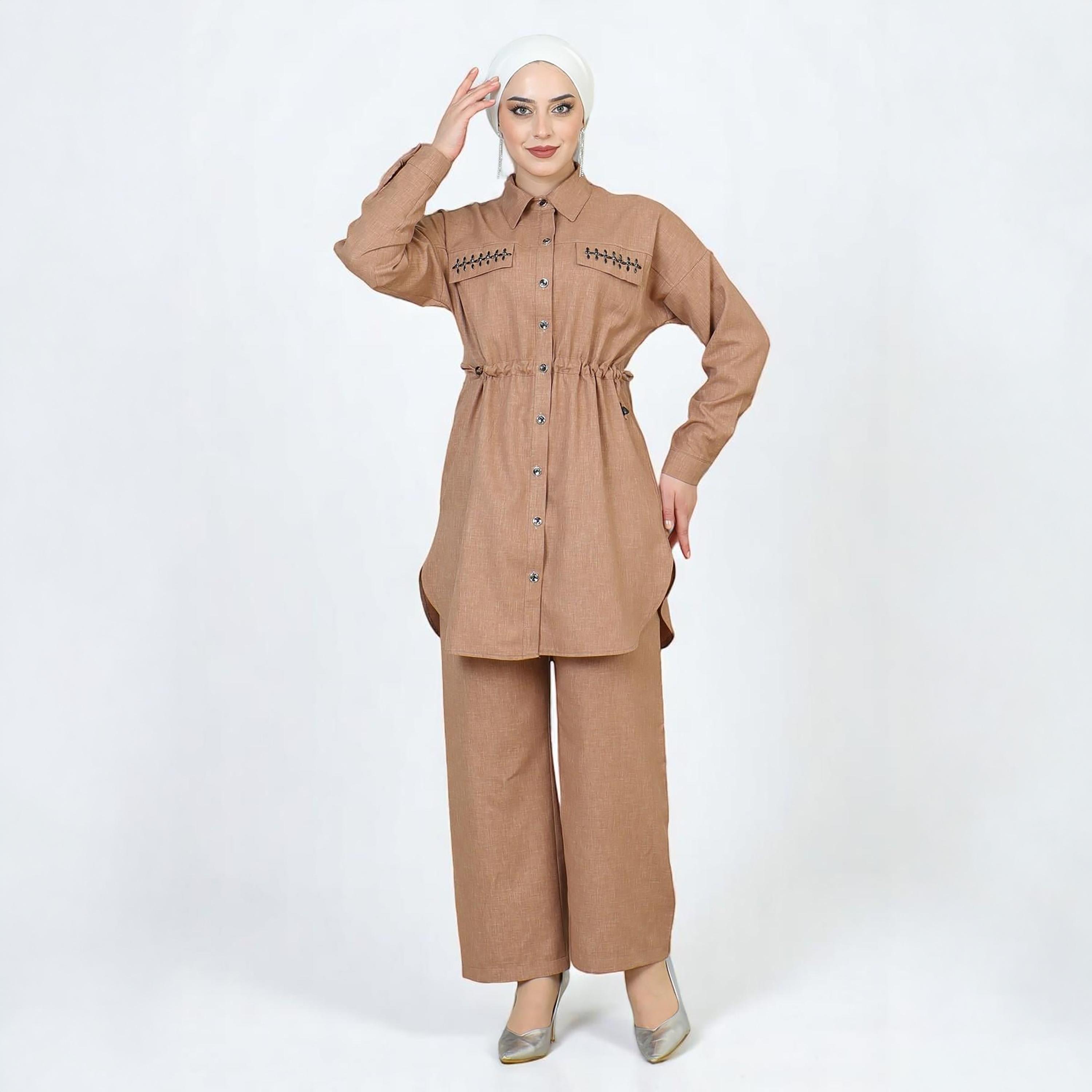 Turkish Souq Brown Linen Long Shirt & Trousers Women's Set-women-clothing-coordsets-image-1