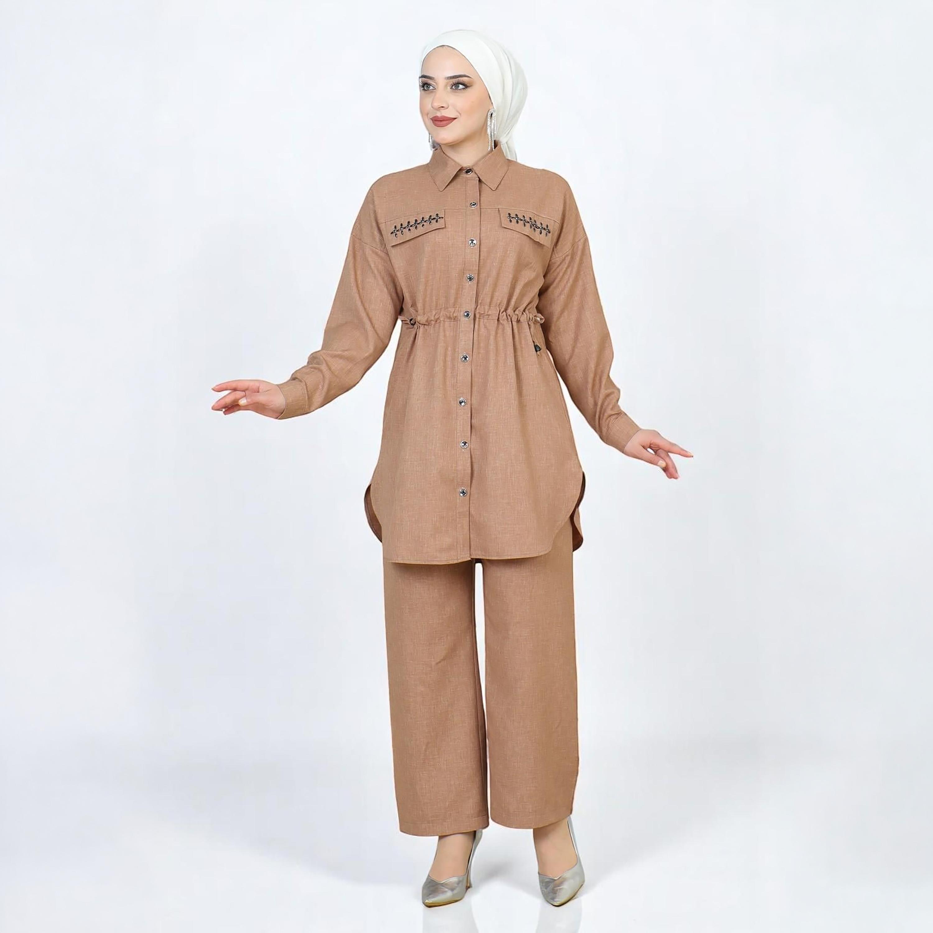 Turkish Souq Brown Linen Long Shirt & Trousers Women's Set-women-clothing-coordsets-image-2
