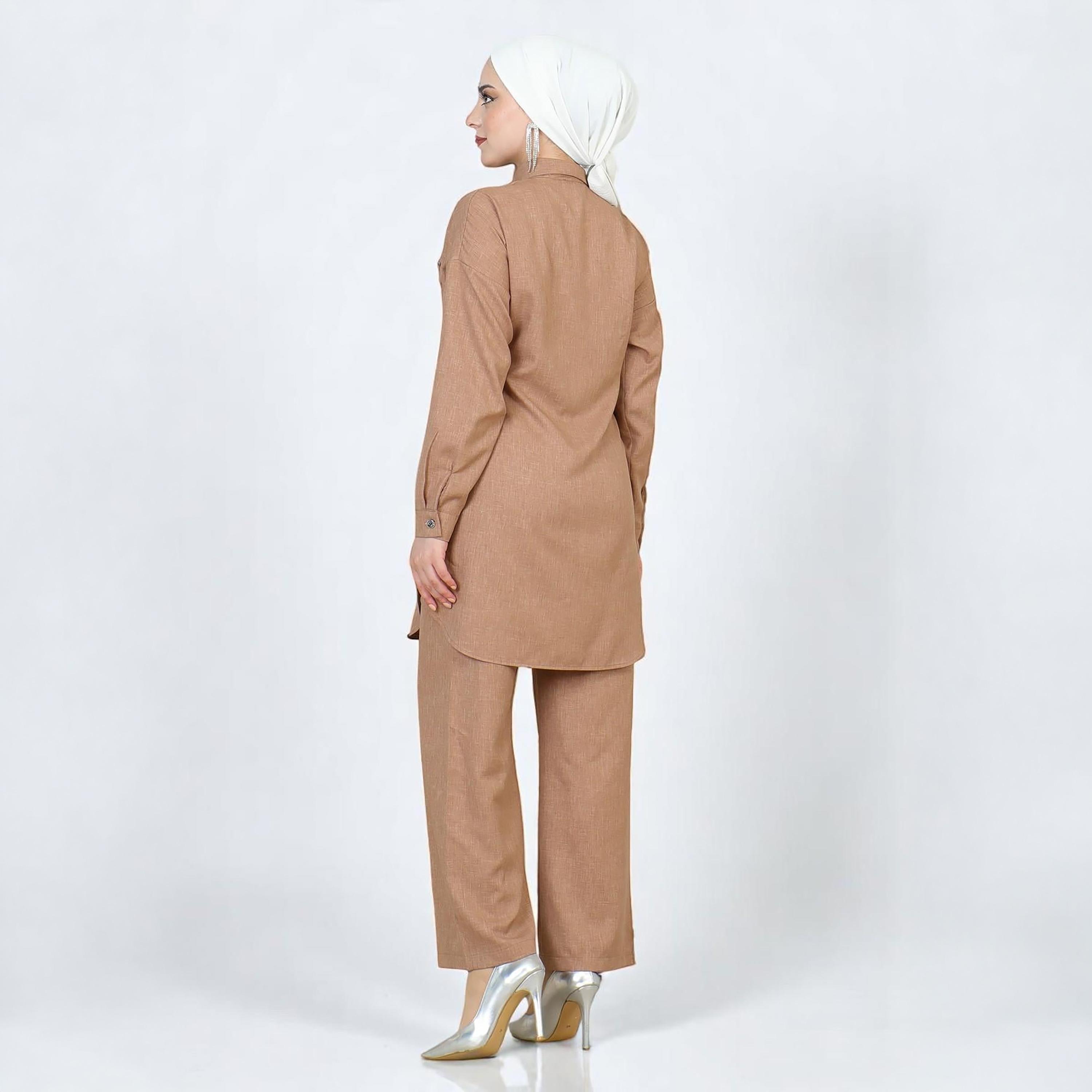 Turkish Souq Brown Linen Long Shirt & Trousers Women's Set-women-clothing-coordsets-image-3