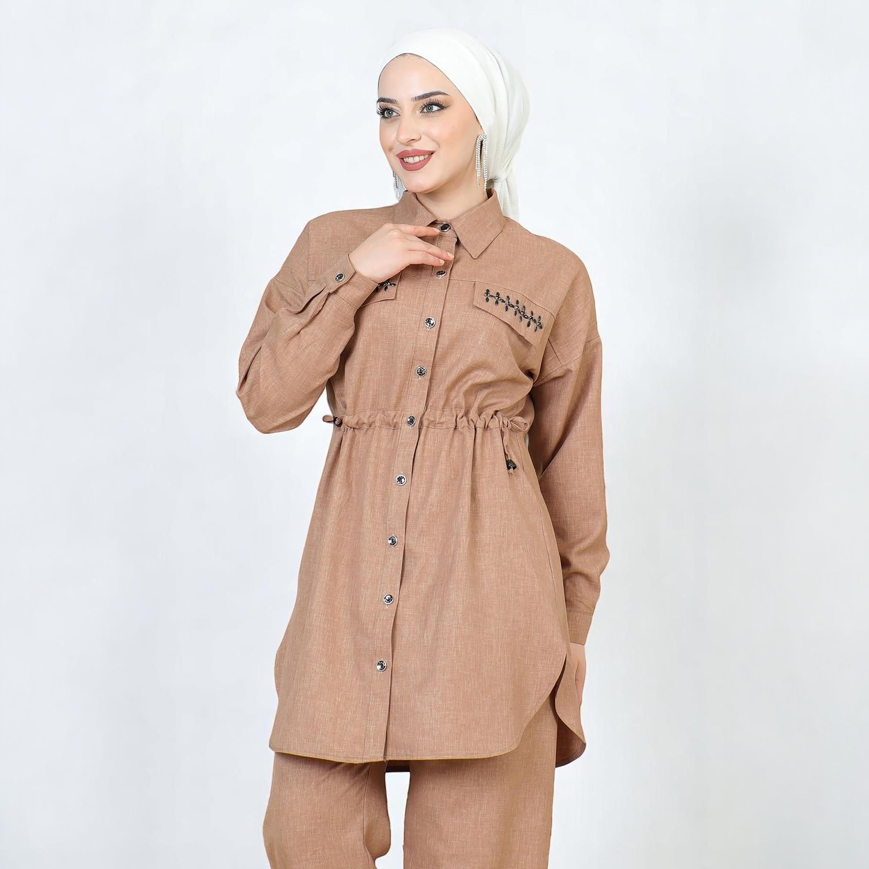 Turkish Souq Brown Linen Long Shirt & Trousers Women's Set-women-clothing-coordsets-image-4